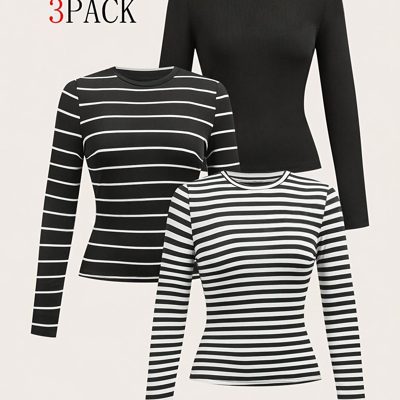 TEMU 3pcs Set Autumn Winter Round Neck Striped Long Sleeve T-shirt Women Bodycon Waist-cinching Short Length Base Layer Retro Inner Top