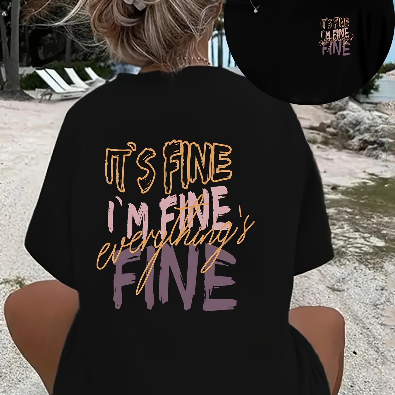 TEMU Women's Vintage Printed Short Sleeve T-shirt - Double-sided Geometric " Fine " Statement, Casual Round Neck Top, Machine Washable Versatile,