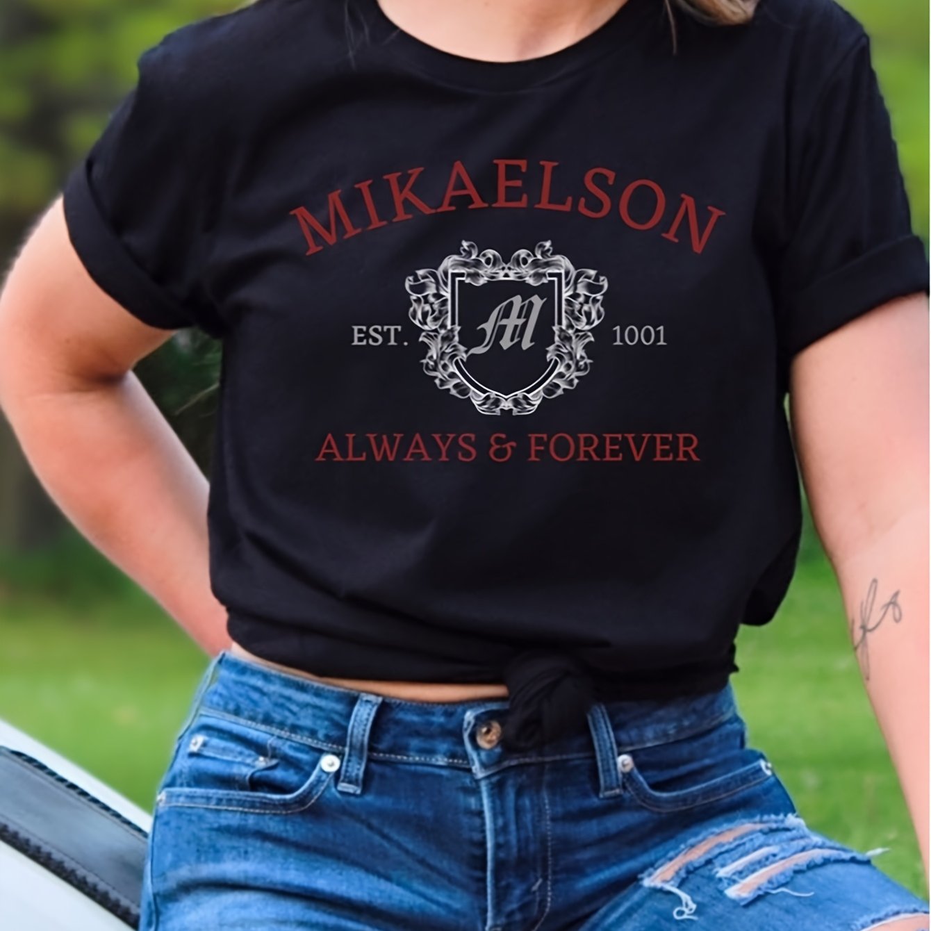 Image of Mikaelson And Forever Shirt | Original Vampires Tshirt Tvd Fan Gift Falls Shirt Klaus Shirt Tee Tvd Merch | With Geometric Pattern