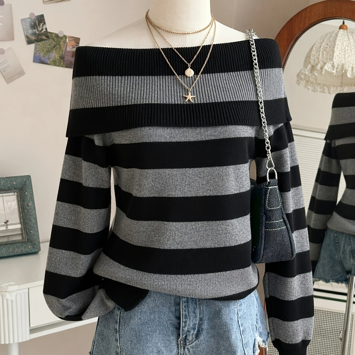 TEMU Pull rayé à épaules dénudées, haut pull pour femmes, haut de mode pour dames, vêtement élégant décontracté à manches longues pour et l'hiver,