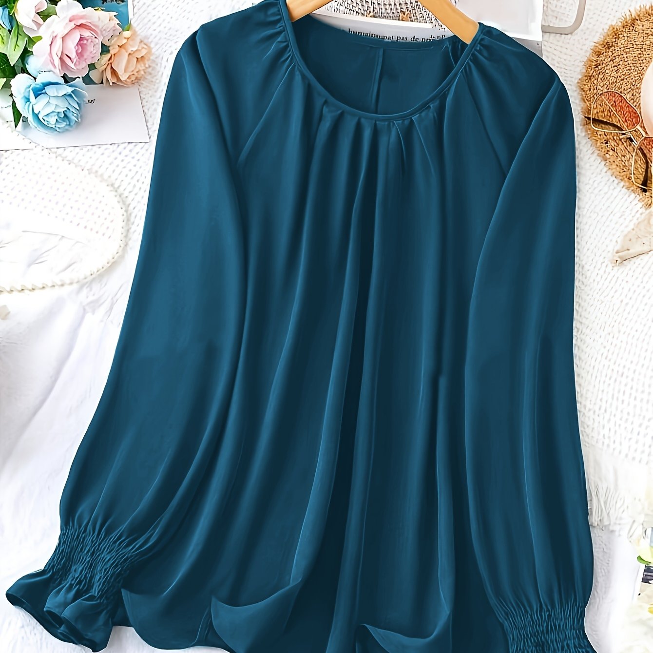TEMU Plus Size, Women's Plus Size Solid Color Ruffle Hem Shirt With Elastic Ruffle Sleeves Ww242080#