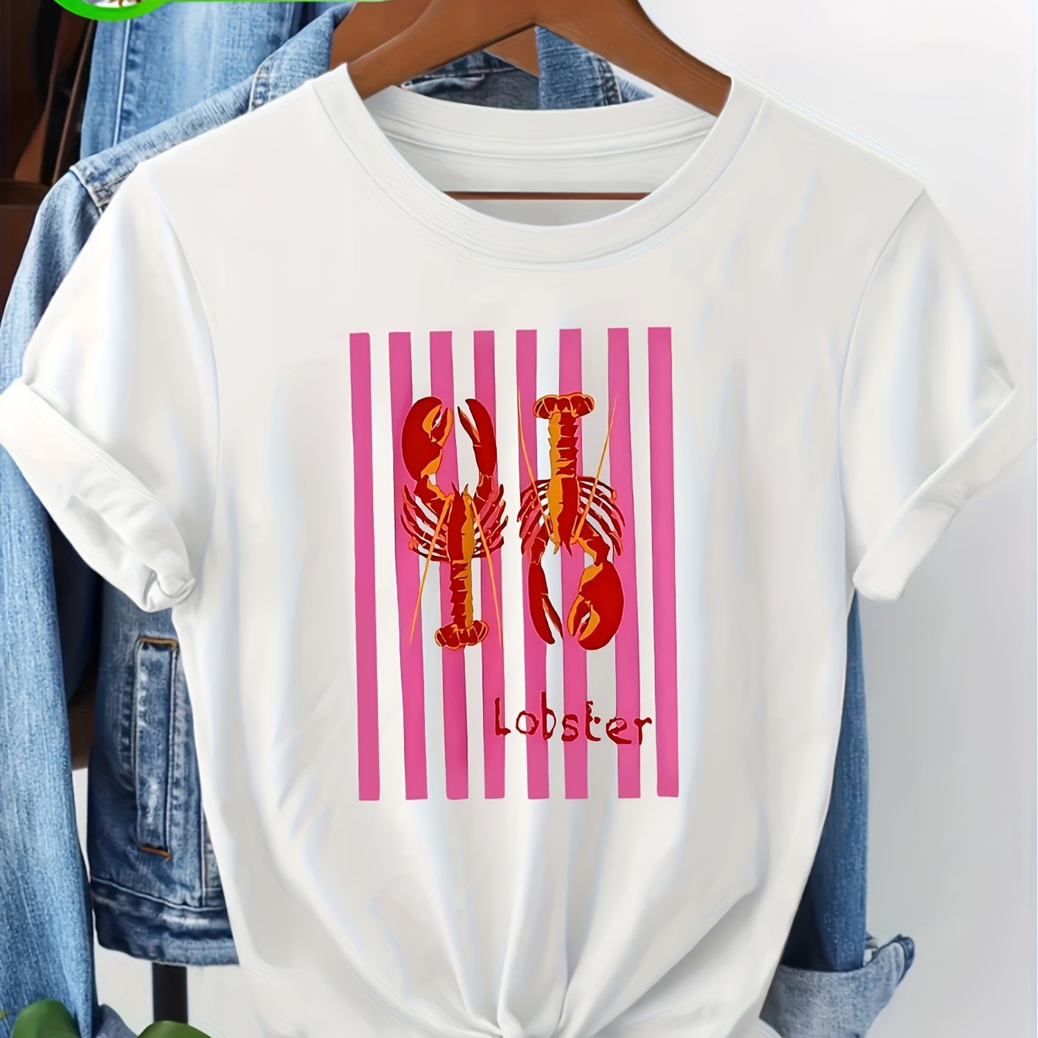 100% Women's T-shirt, Cute Lobster Graphic Tee With Pink Stripes, Casual Short Sleeve Crew Neck Tops, Comfy Seafood Lover Daily Wear For Women