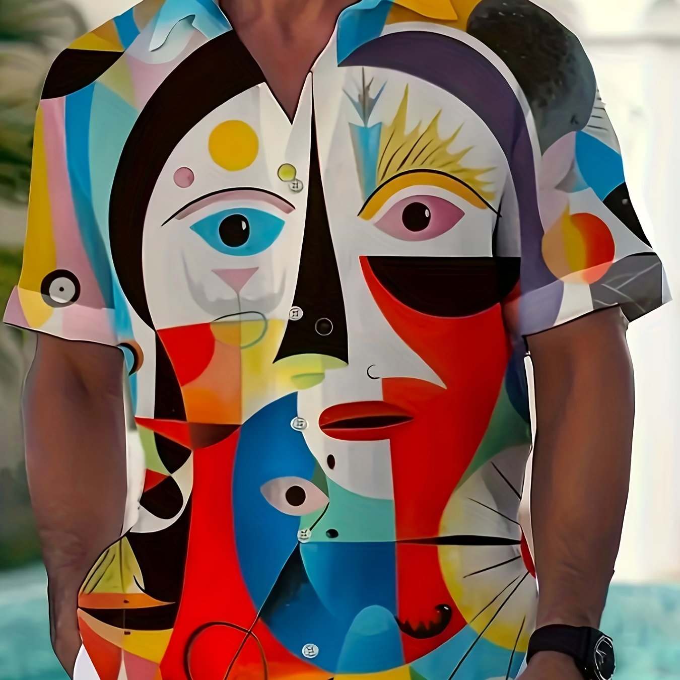 TEMU Men's Trendy Graffiti Print Shirt - Casual, Stretch, Polyester, Summer Vacations
