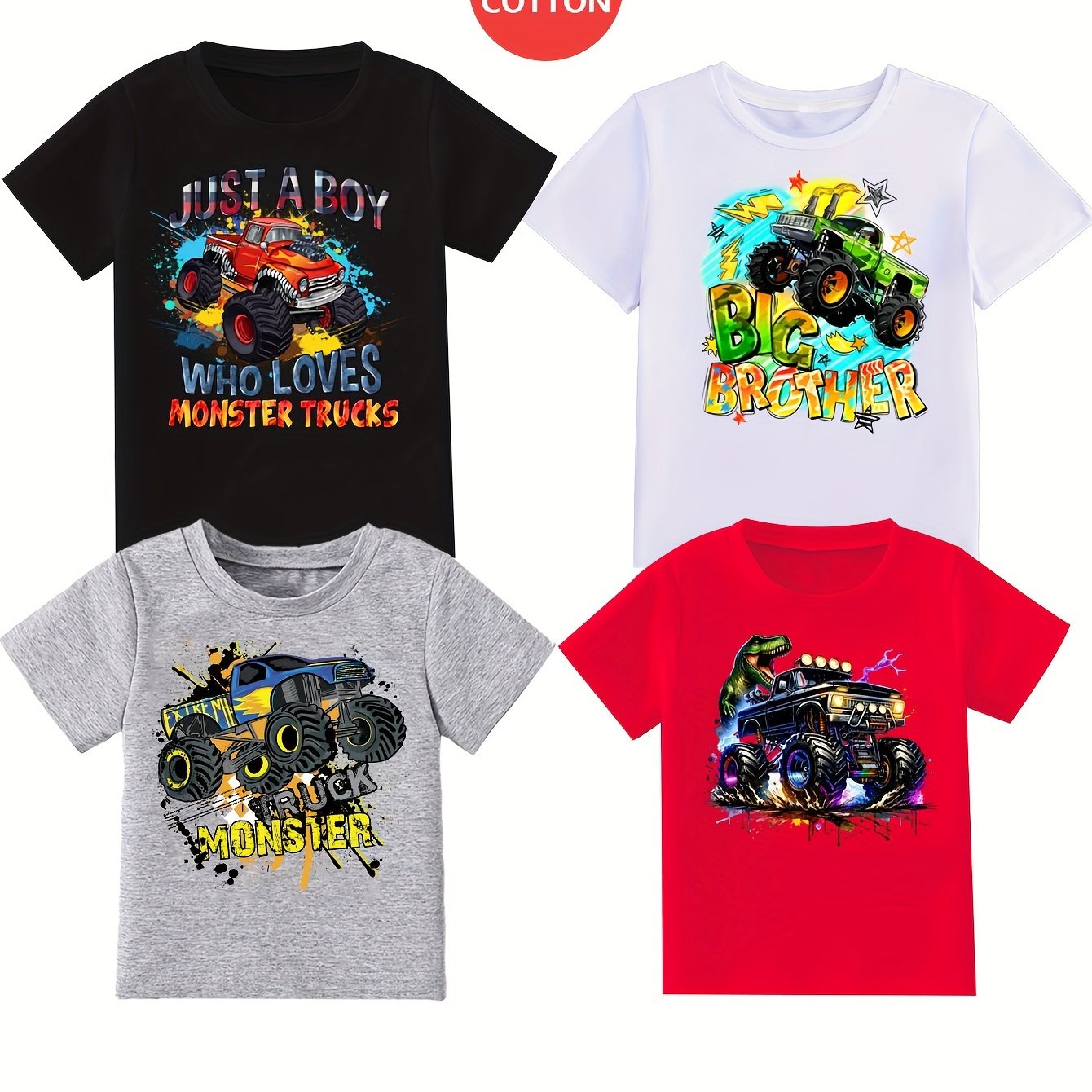Boys' 100% Multi-piece Four-piece Set Cartoon Dinosaur Car Print T-shirt