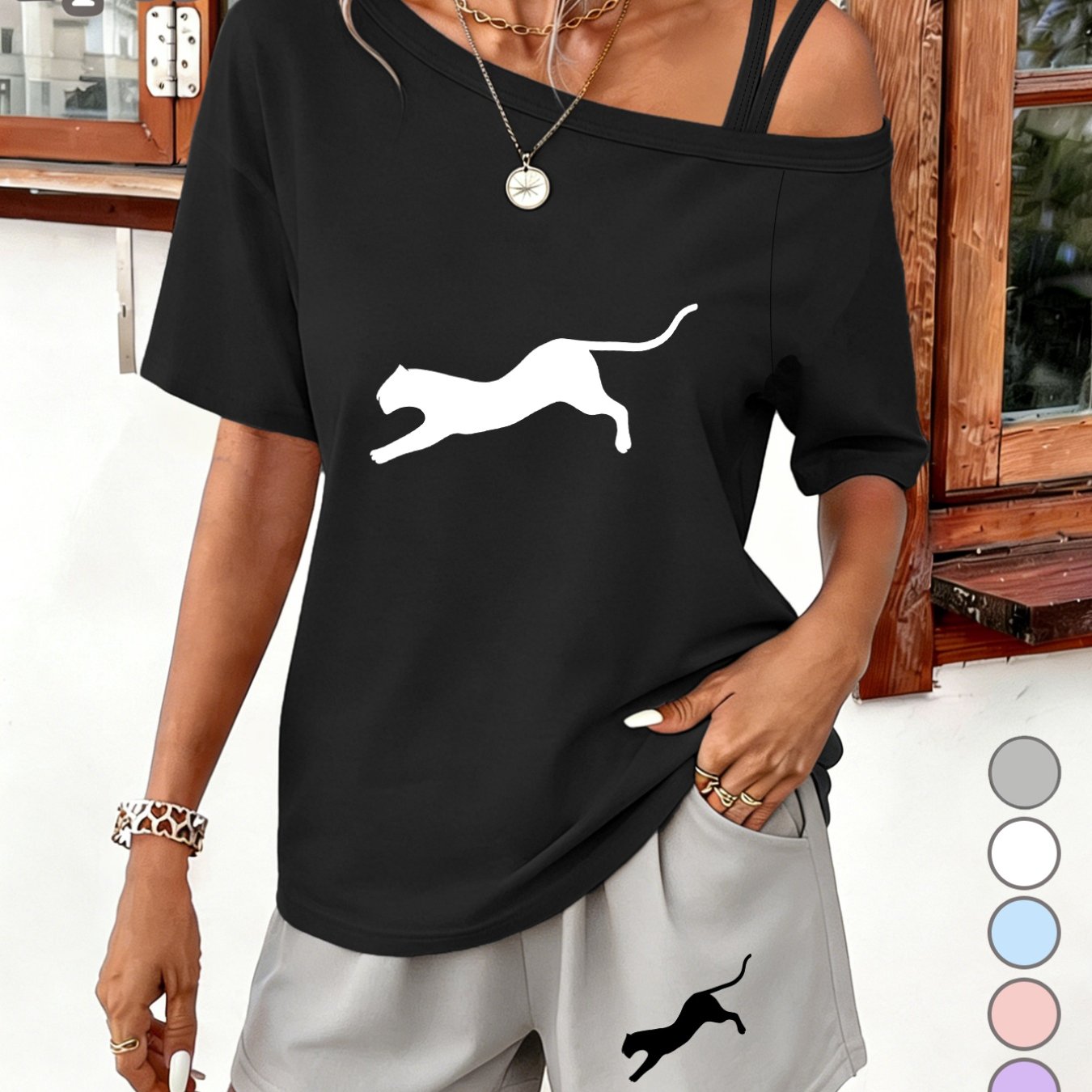 TEMU 2pcs Women's Fashion Casual All-match Leopard Dynamic Black And White Silhouette Art Off-shoulder T-shirt And Shorts Set
