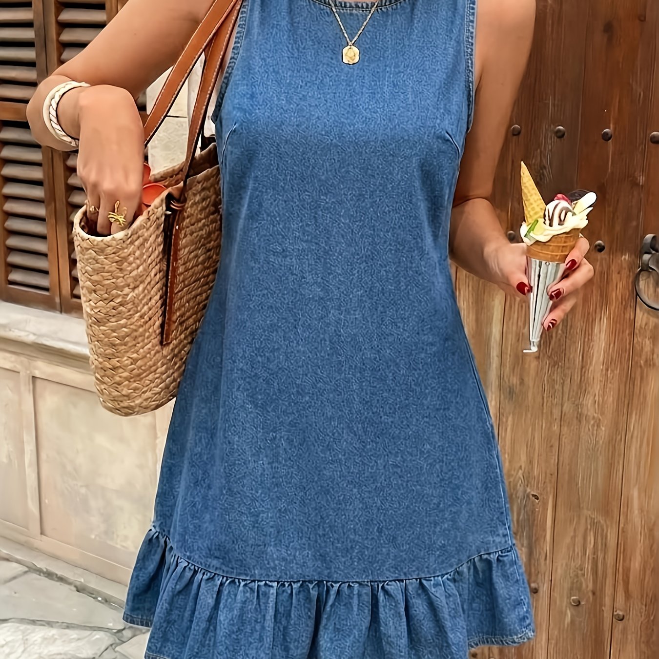 Image of 218587-1#26ss Women's Sleeveless Round Neck Dress With Back Button Decoration, Elegant And Slim Fit, Home And Leisure Denim Dress