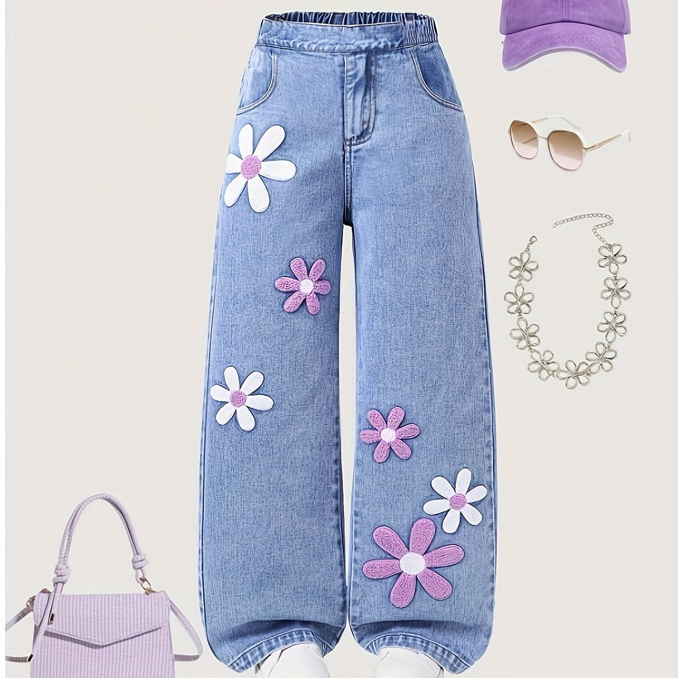 Image of Fashion ' Wide-leg Jeans, Cute Floral Y2k Trousers, Elastic Waist Comfortable Casual, Daily Trendy Outfit, Easy For Multi-occasions And . Valentine's Day Send, Easter Clothing