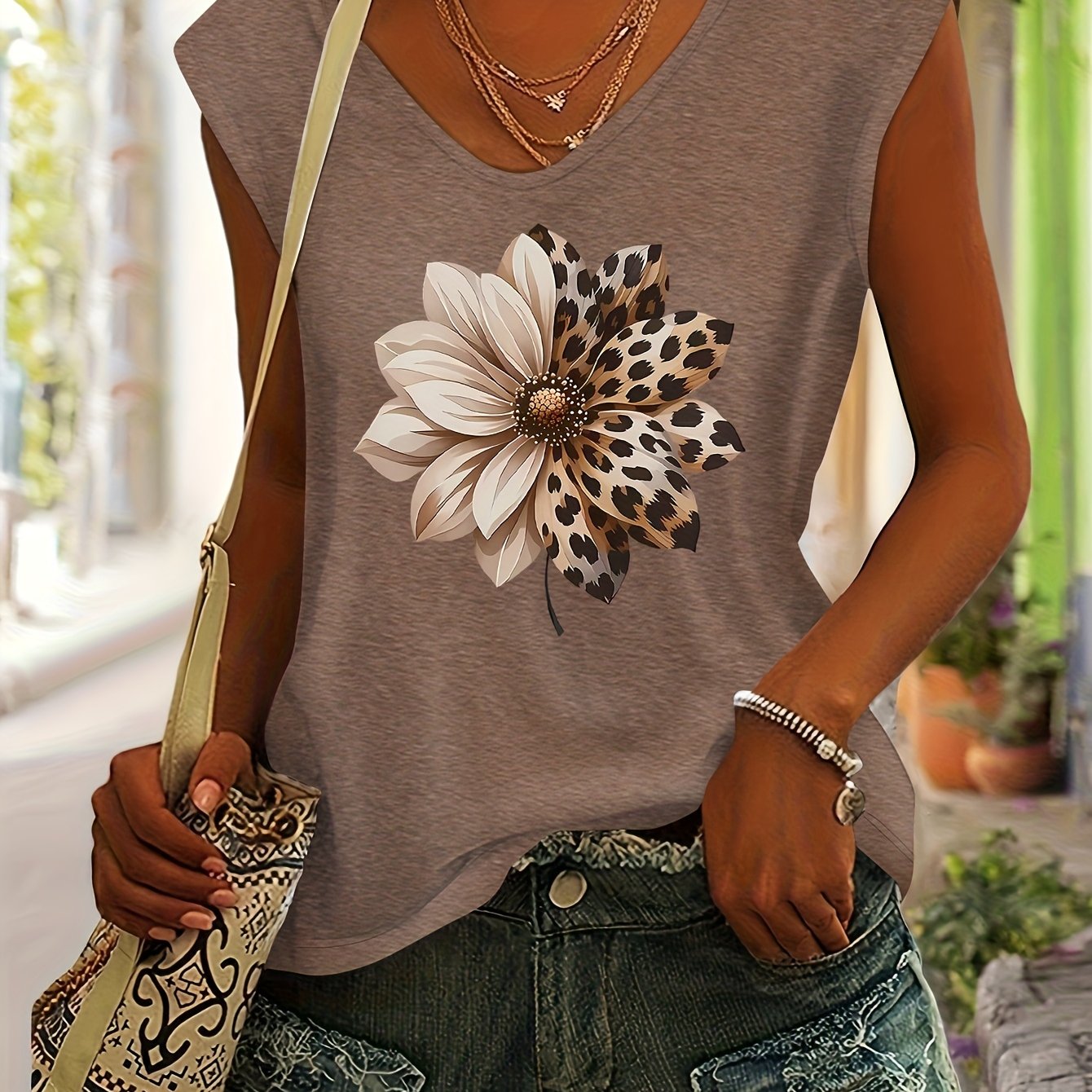 TEMU Haut d'été léger pour femmes à imprimé floral léopard, T-shirt décontracté et polyvalent à col en V et manches courtes pour /été
