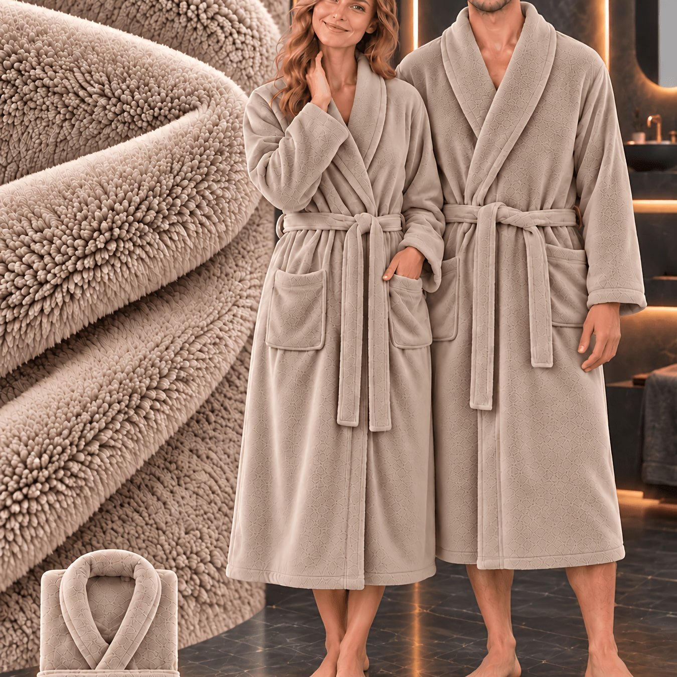 TEMU Unisex Coral Fleece Long Solid Color Bathrobe, Soft Dense Short Plush, Lapel With Double Pockets, Home Bathing Spa Robe, 300 Gsm Wear