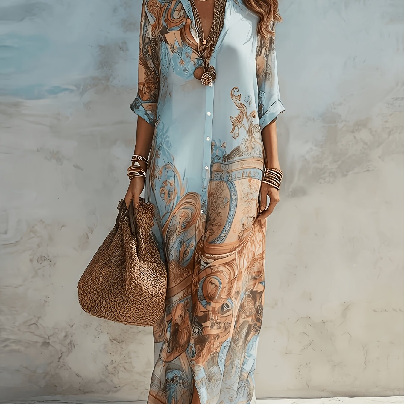 TEMU Plus Size - Casual Plus Size Women's Printed Lapel Button- Long Dress