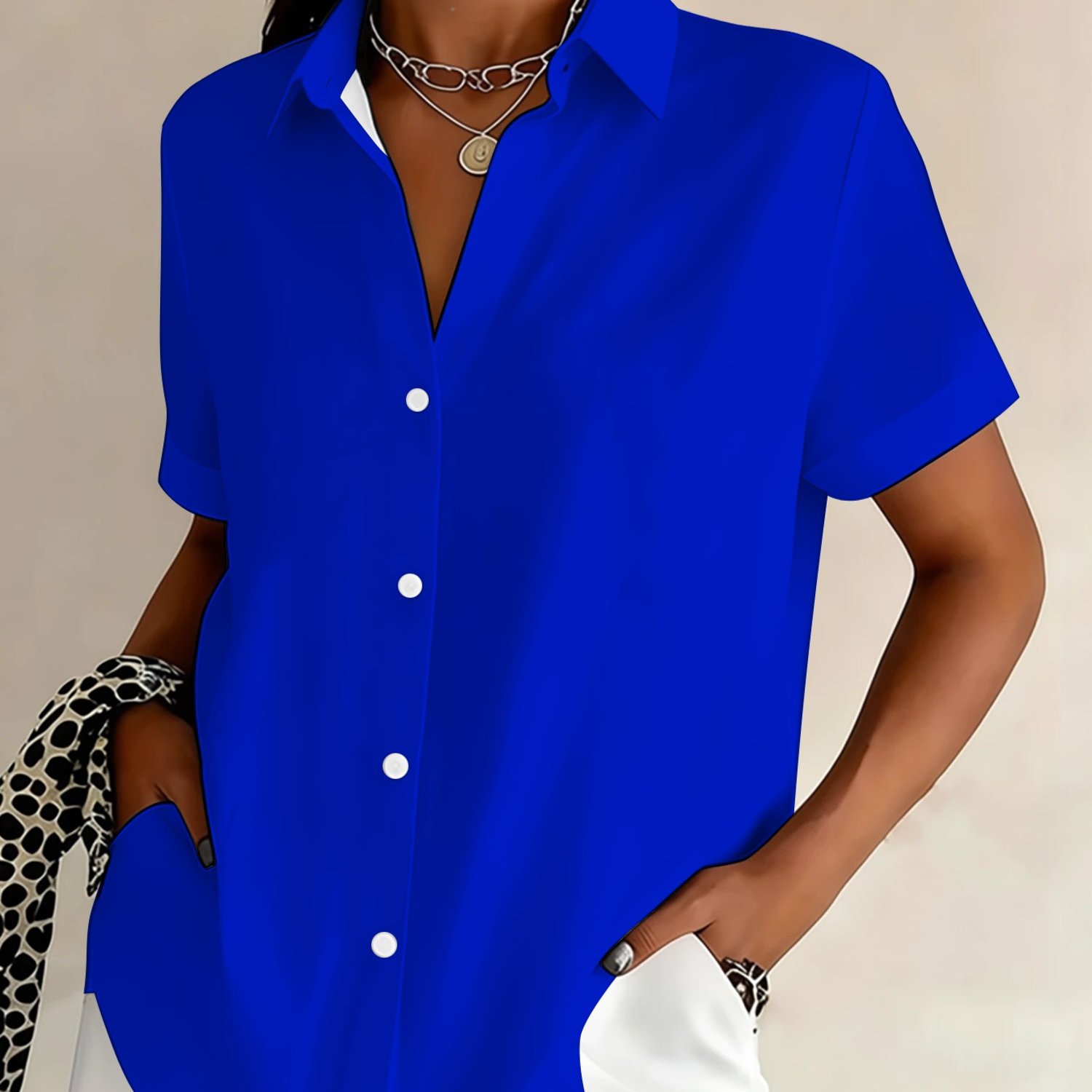 TEMU Plus Size Women's Short Sleeve Collared Shirt, Solid Blouse, Casual Daily Wear Shirt
