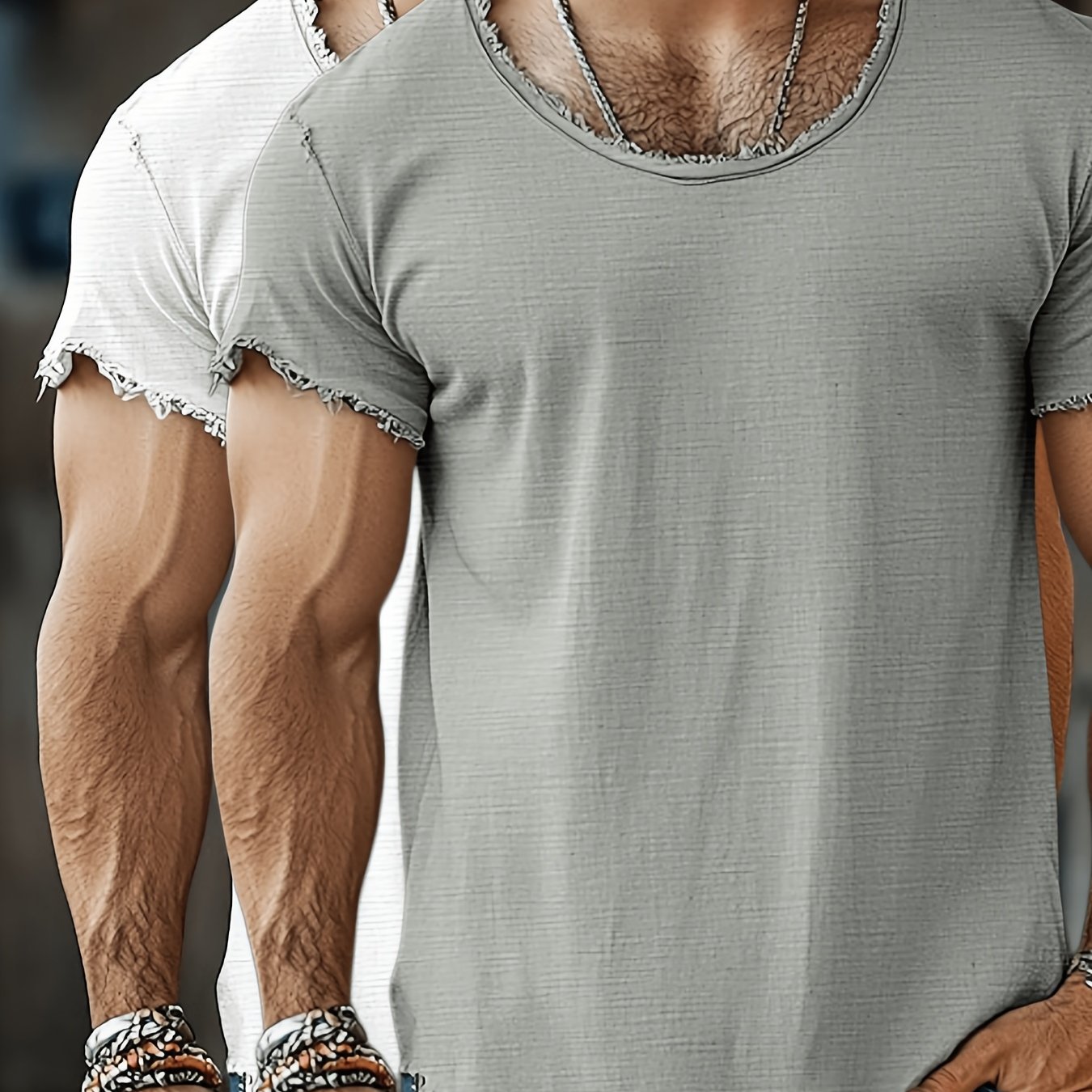 Image of 2pcs New 2026 Spring/summer Linen- Men's Casual Short-sleeve T-shirts, Men's Retro Round-neck Short Sleeve Shirt, Frayed Edge, Lightweight And Breathable, Loose Summer Beach Vacation Top