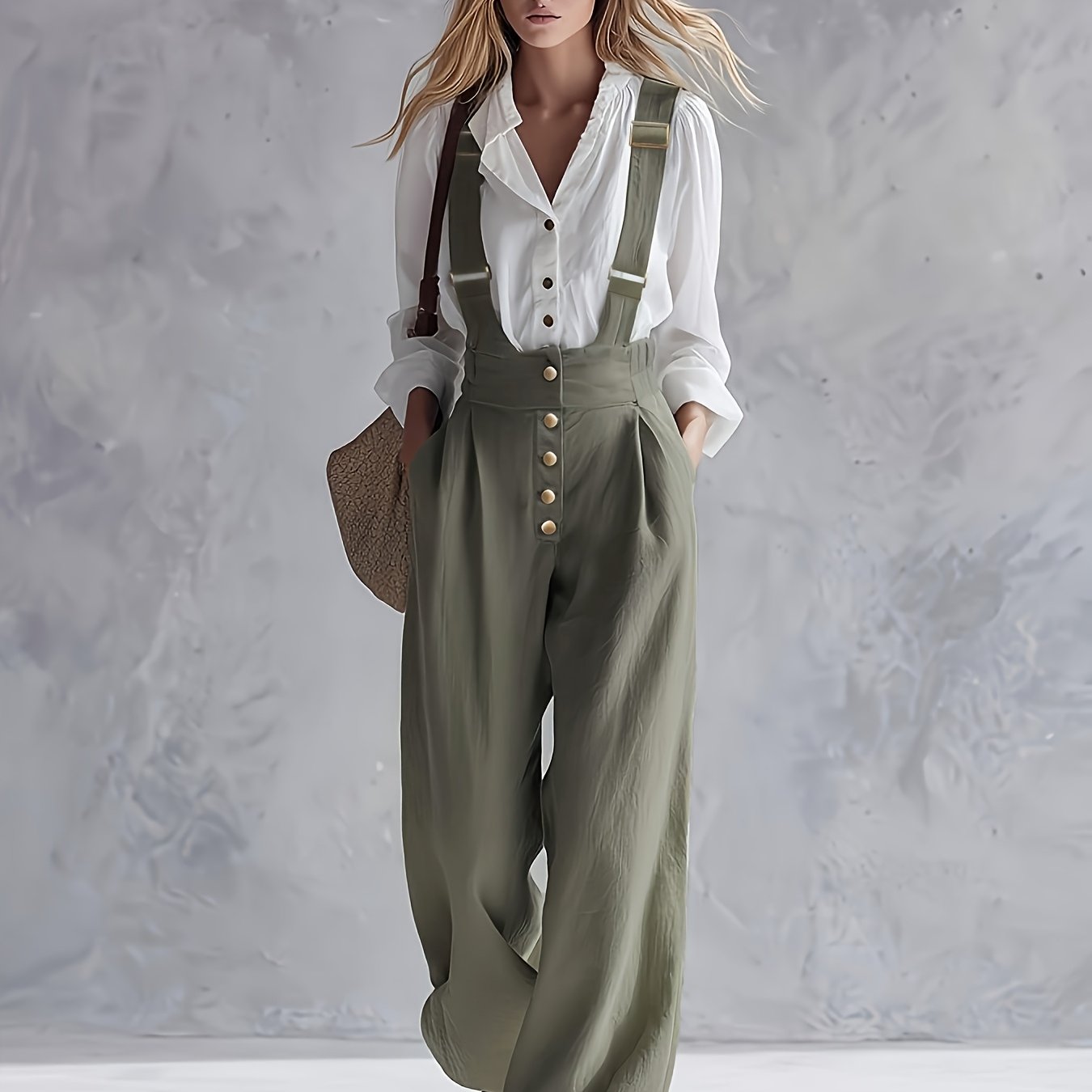 E-shop Damen Latzhose, lässige, vielseitige Schlaghose mit weitem Bein, verstellbare Riemen, Seitentaschen, Knopfdetails, Alltagskleidung