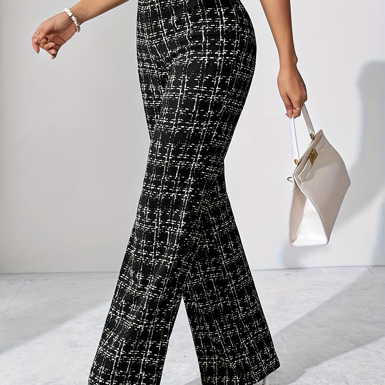 Elegant Solid Color Checkered High-waisted Trousers