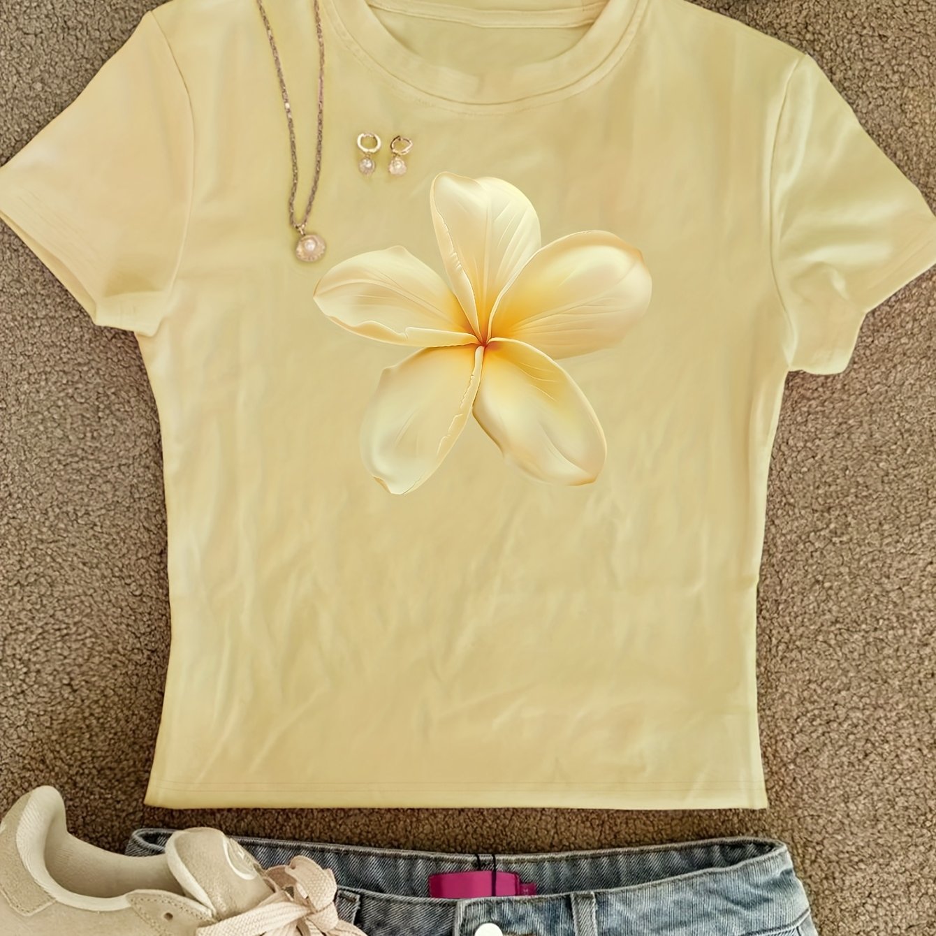 TEMU 00008-women's Tight Top Creative Fashion Flower Pattern Print Pure Desire Korean Y2k Summer Round Neck Short Sleeve T-shirt, Women's Clothing