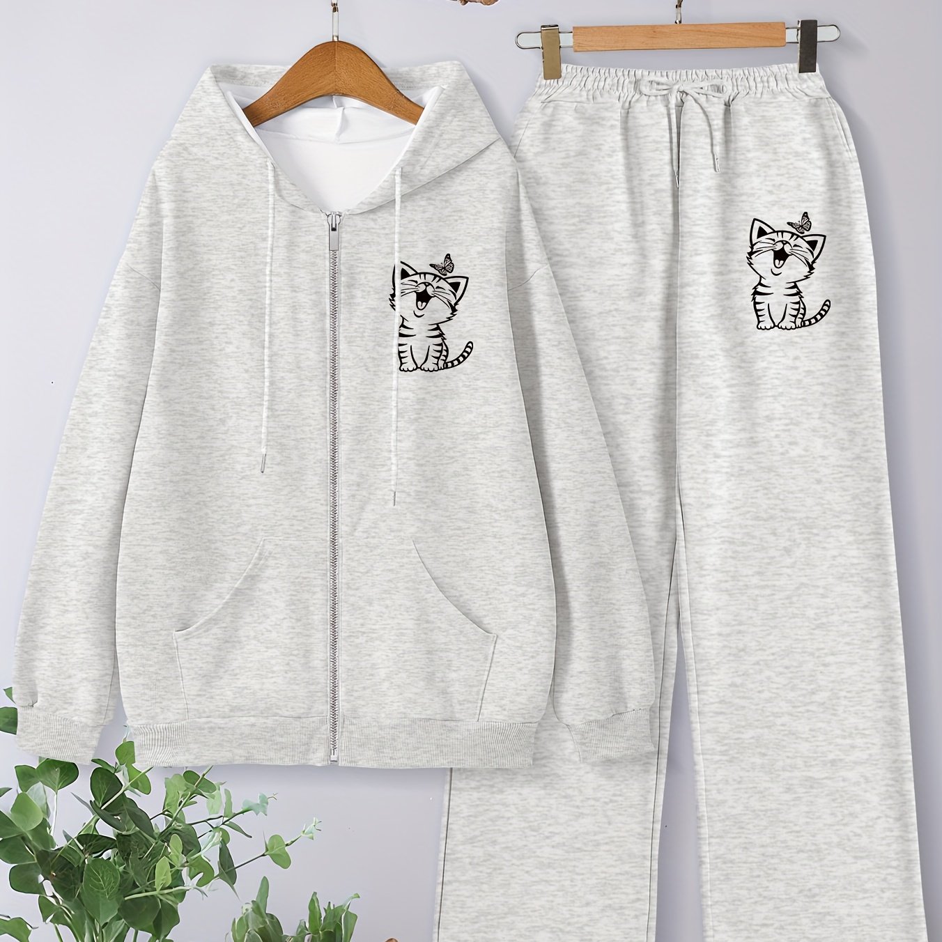 TEMU Women's Thick Zip-up Hoodie And Wide-leg Long Pants Two-piece Set X3649