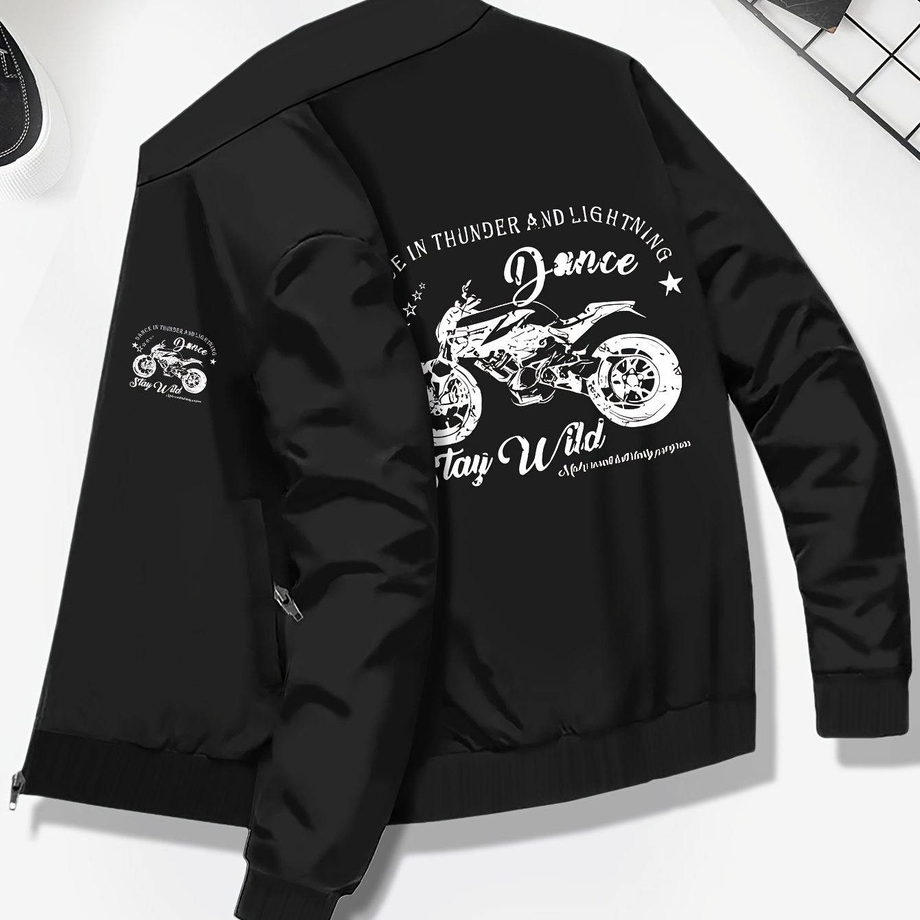TEMU Vintage Style Motorcycle Pattern Print Men's Stand Collar Varsity Jackets, Lightweight Soft Comfortable Trendy College Style Jackets For