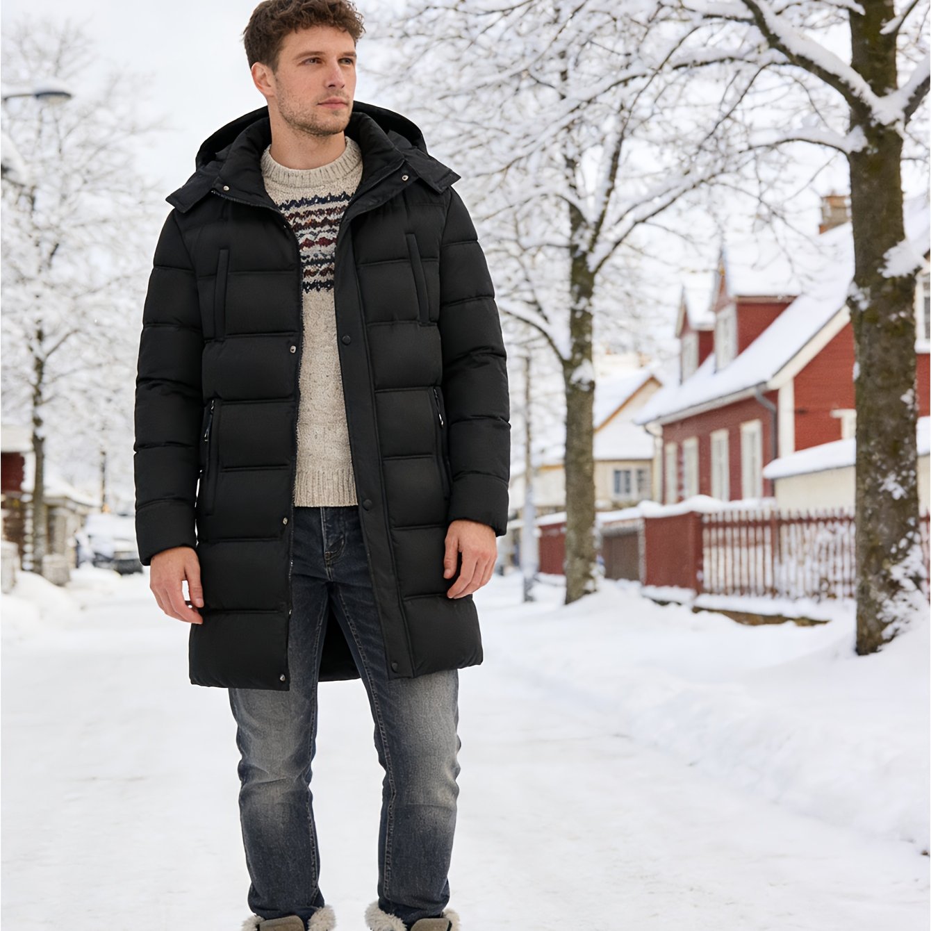 TEMU Men's Long Winter Thickened Coat With Removable Hood, Warm Outerwear, Designed With Multiple Pockets