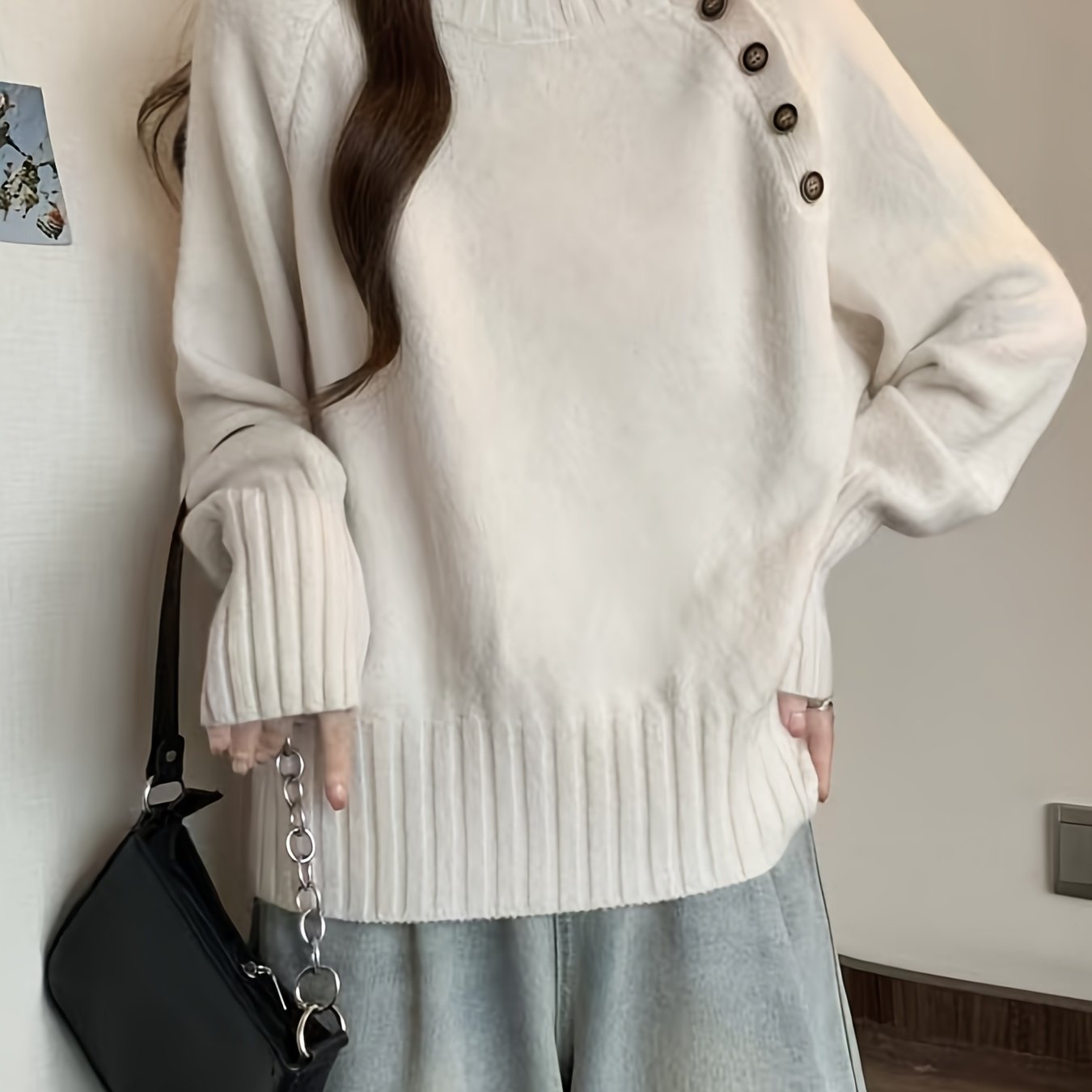 TEMU 【レディース】モックネックシャツ 秋冬新作 日本風 ゆったり レイジースタイル 長袖セーター ベースシャツ