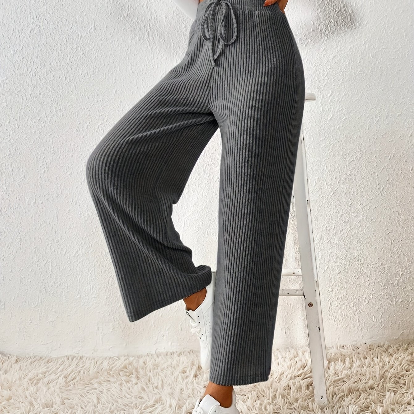Women' Color Brushed Ribbed Waist Drawstring Pants
