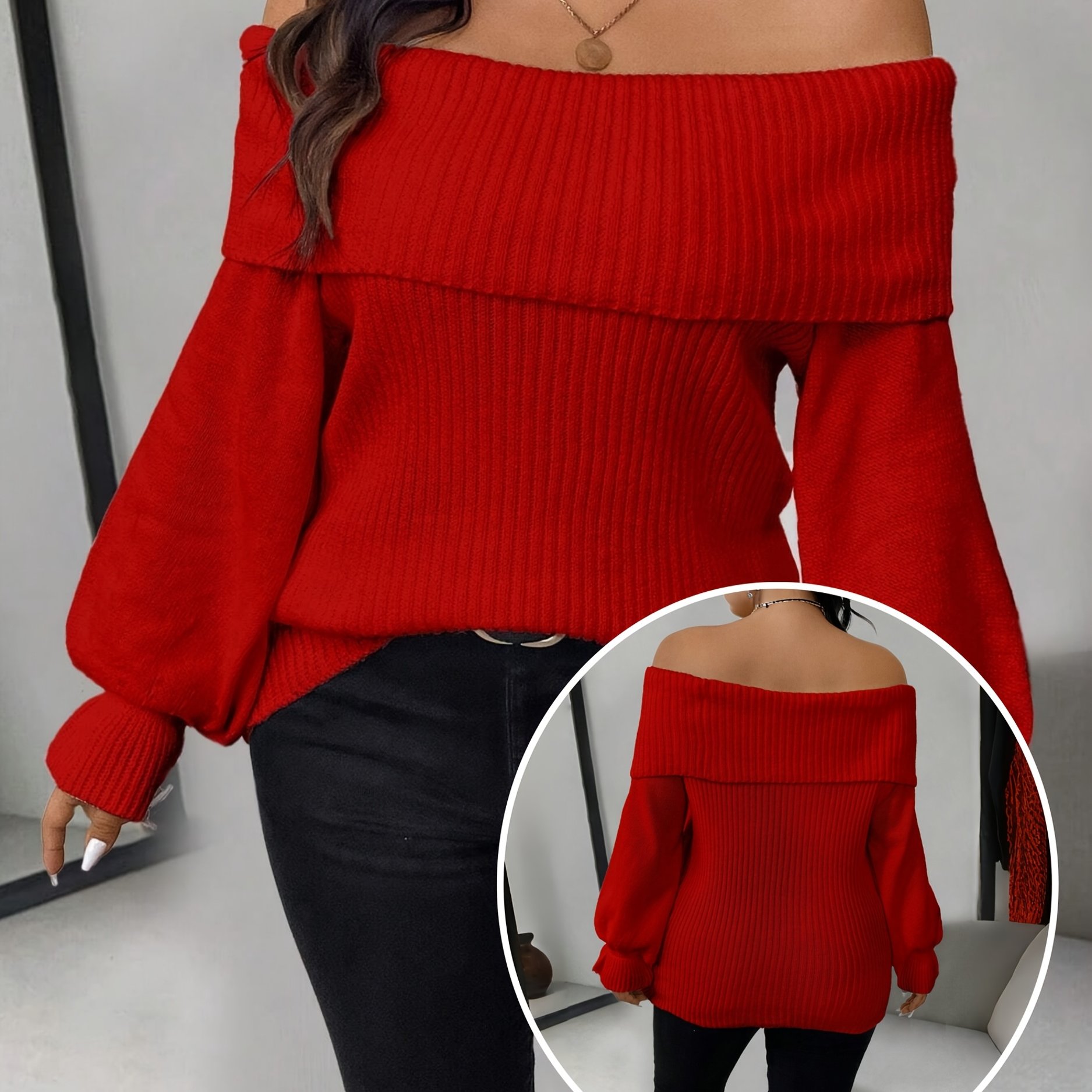 TEMU Pull Femme Grande Taille Doux et Féminin à Épaules Dénudées, Haut Ample à Manches Boule, Vêtement d'Automne Hiver Élégant et Décontracté pour