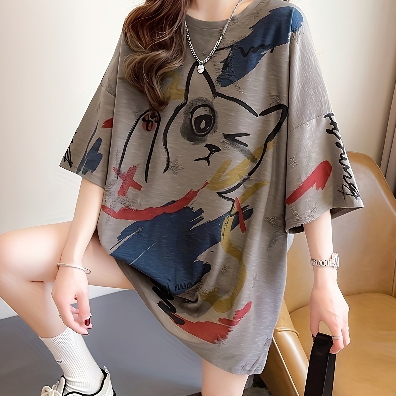 TEMU Summer Trend Large Size Women's Slim Loose Medium Long Cartoon Short-sleeved T-shirt