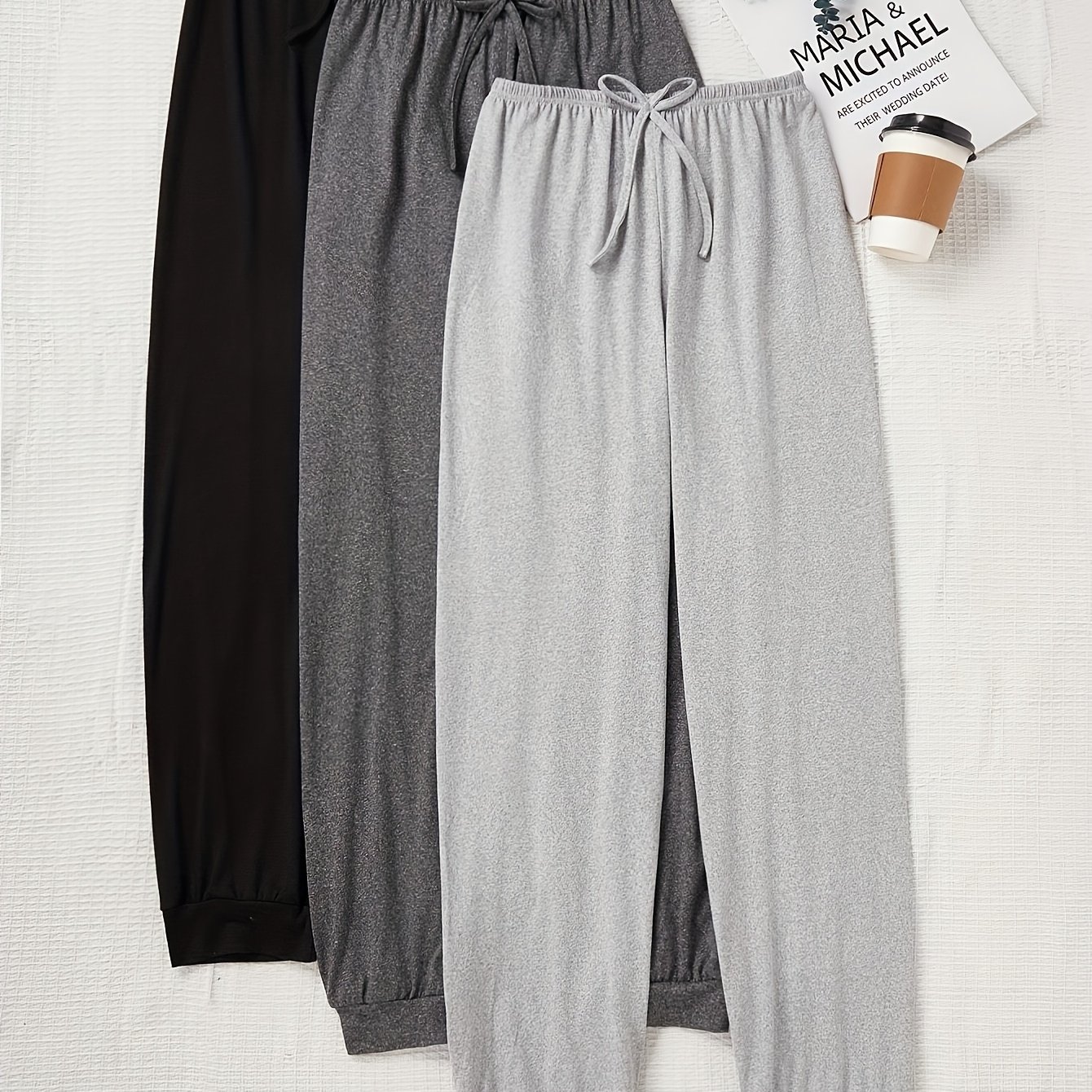 TEMU 3pcs Women's Casual Drawstring Waist Pants, 3-color Set, Autumn Clothing, Loose Fit Solid Pants, Gift, Women's Casual All-match Solid Color Long