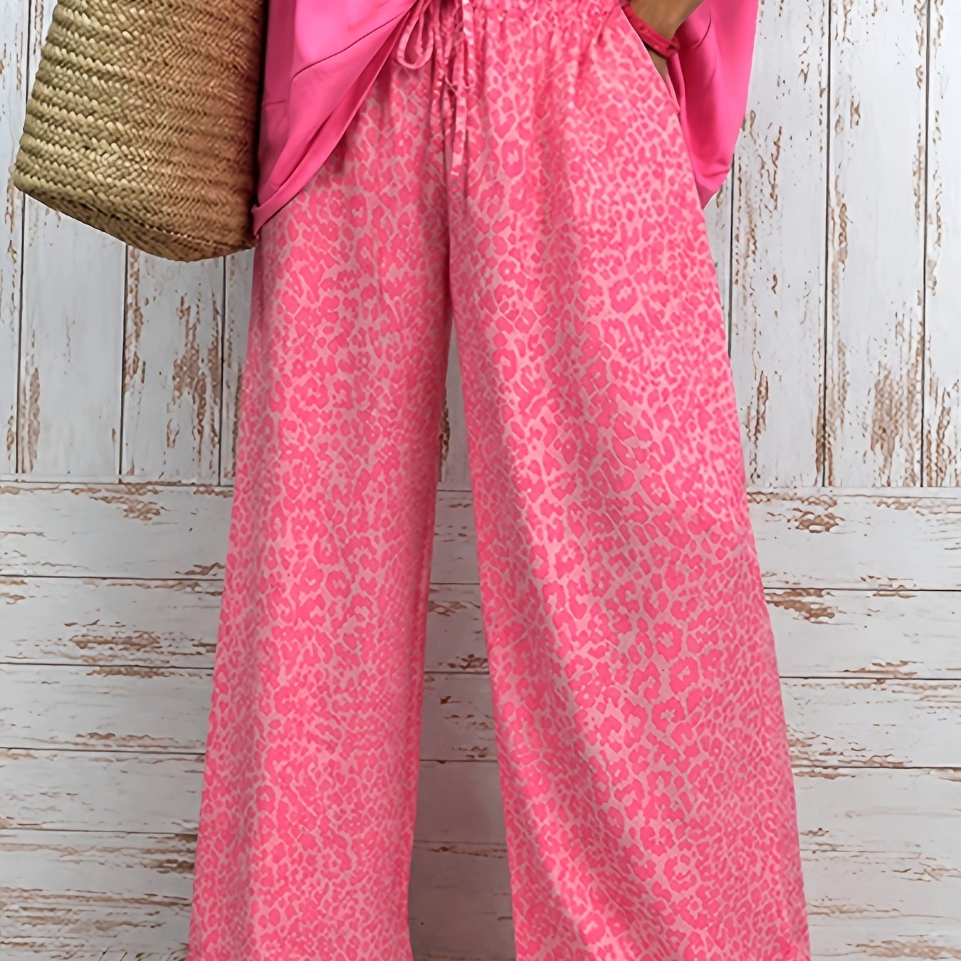 Summer Fluorescent Powder Leopard Print Wide-leg Pants Women's Loose Drawstring High-waisted Casual Pants Thin Breathable Beach Pants Lldx