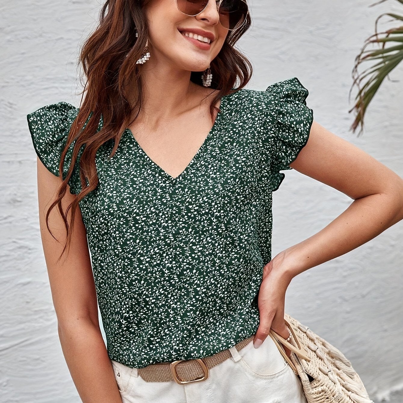 TEMU Floral Print V Neck Blouse, Elegant Sleeve Top For , Women's Clothing