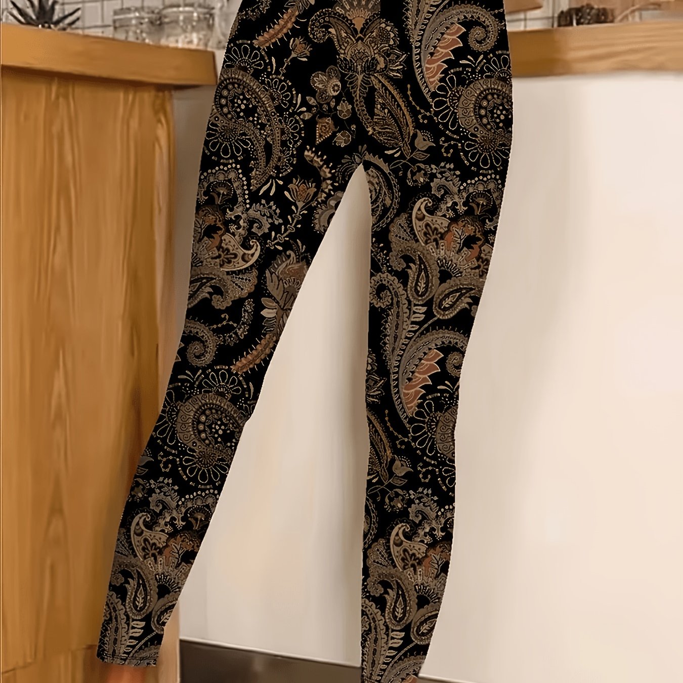 TEMU Plus Size, Women's Ethnic Print Leggings, Machine Washable Fabric Pants, Stretchy Base Layer Tights