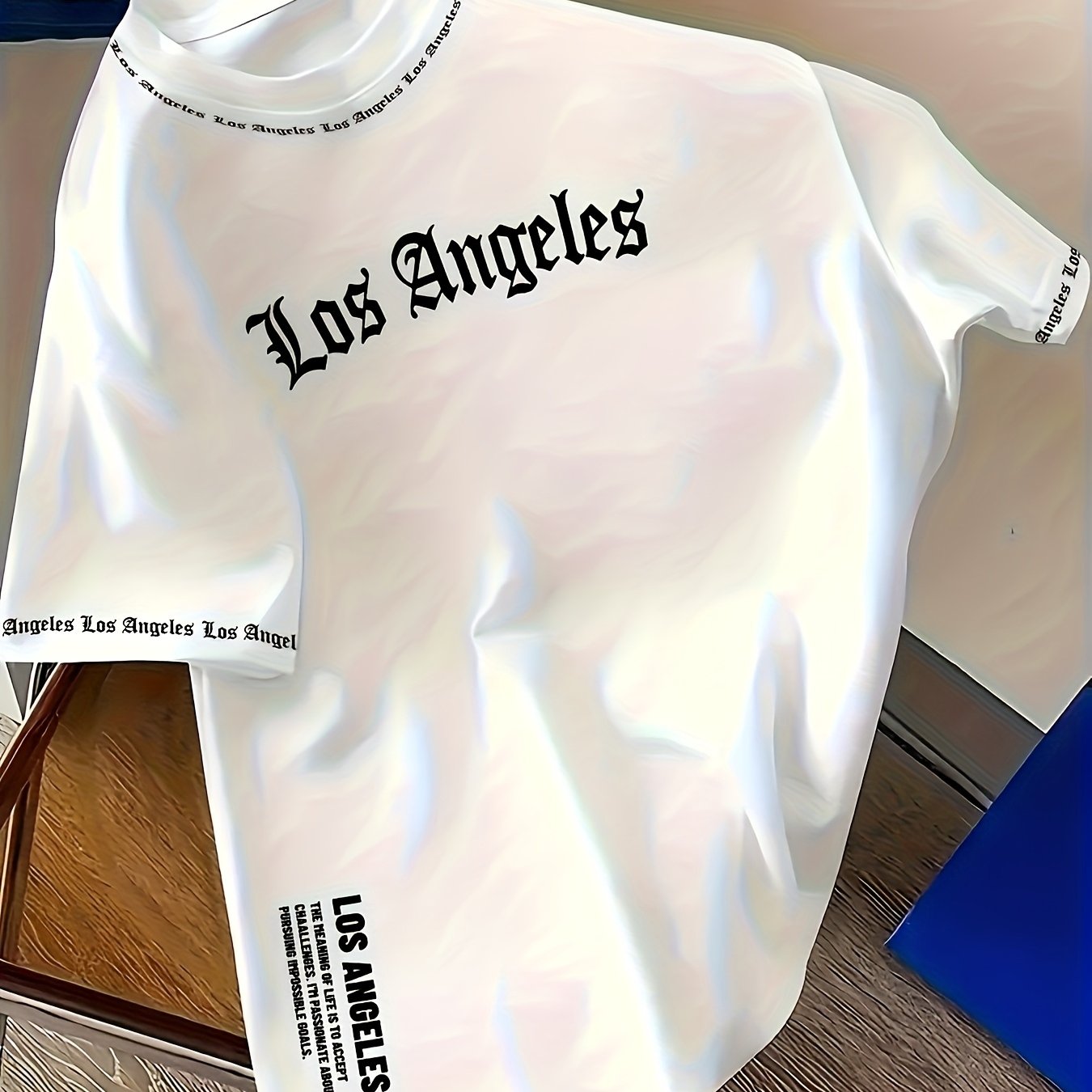 TEMU Men's Los Angeles Gothic Font All-print T-shirt - White With And City Name, Short Sleeve Style, Round Neck, Machine Washable, Urban Fashion For