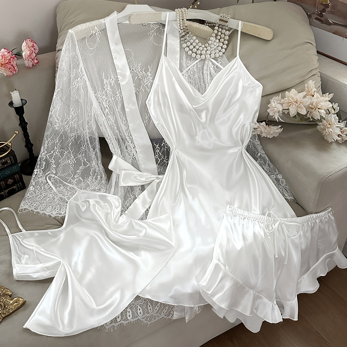 TEMU 4pcs Women's Pajama Set: Lace-trimmed Robe, Draped Collar Nightgown, And Comfortable, Elegant Camisole Shorts