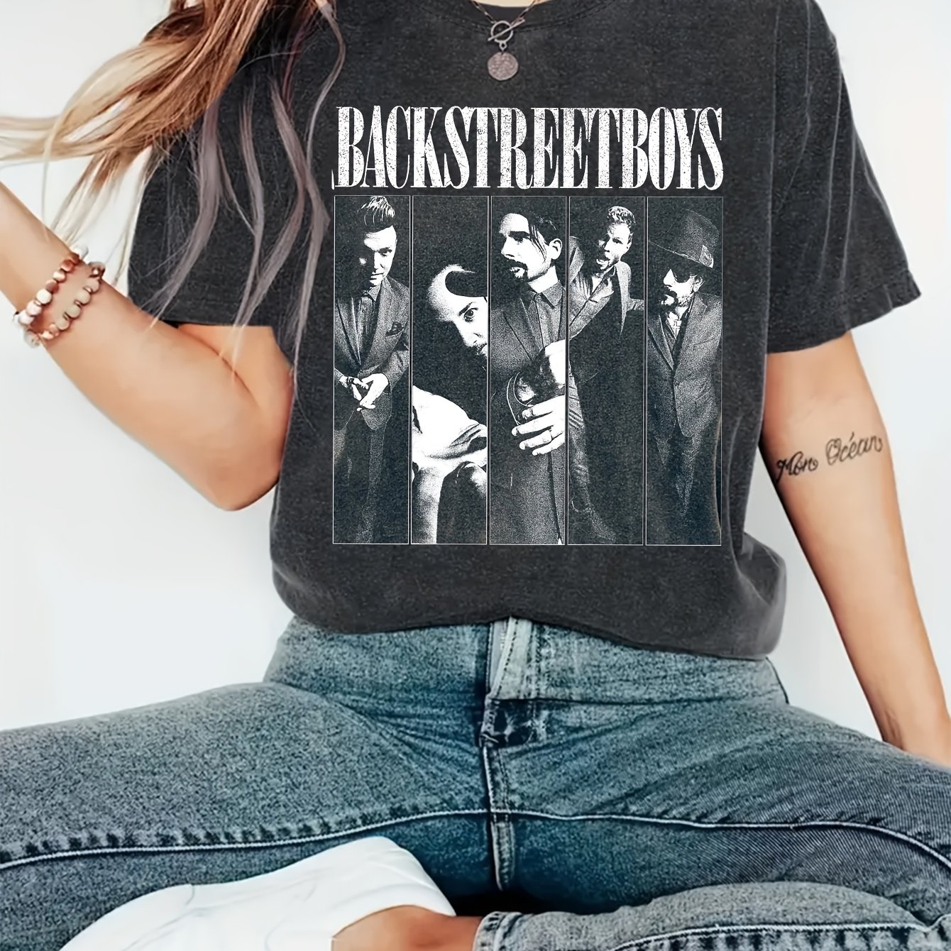 E-shop Damen--Shirt mit 90er-Jahre-Backstreet-Musterdruck – Frühling/Sommer – Lässiges Kurzarm-T-Shirt mit Rundhalsausschnitt – Ein Must-Have für