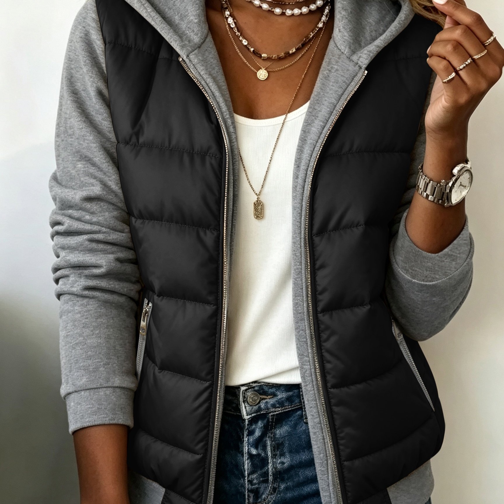 TEMU Damen-Mode-Patchwork-Steppjacke im Color-Block-Stil, langärmelige Winterjacke mit Kapuze, ein Muss für Herbst Winter