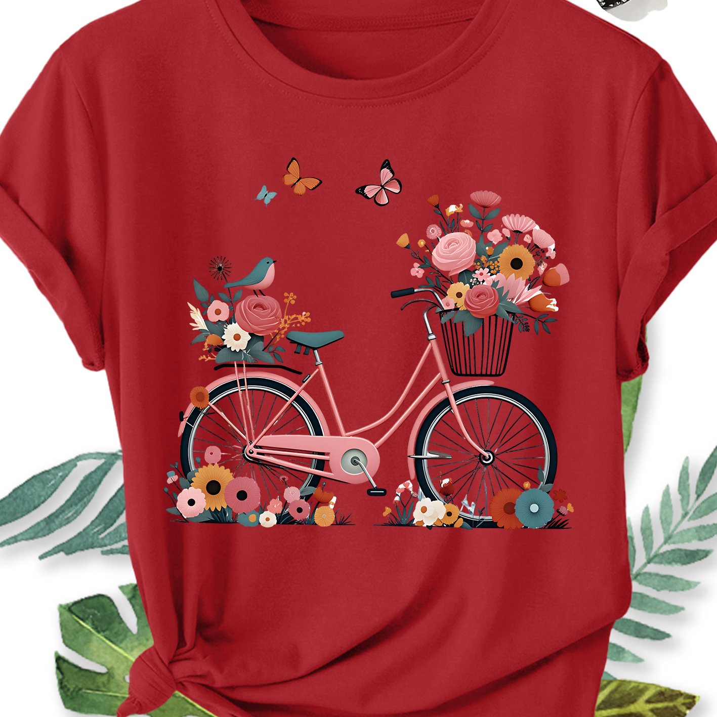 TEMU Women's Elegant Plus Size Short Sleeve Top, Bicycle   Full Car Of Flowers   And Small Bird Print Pattern, Round Neck, Comfortable, Soft, And