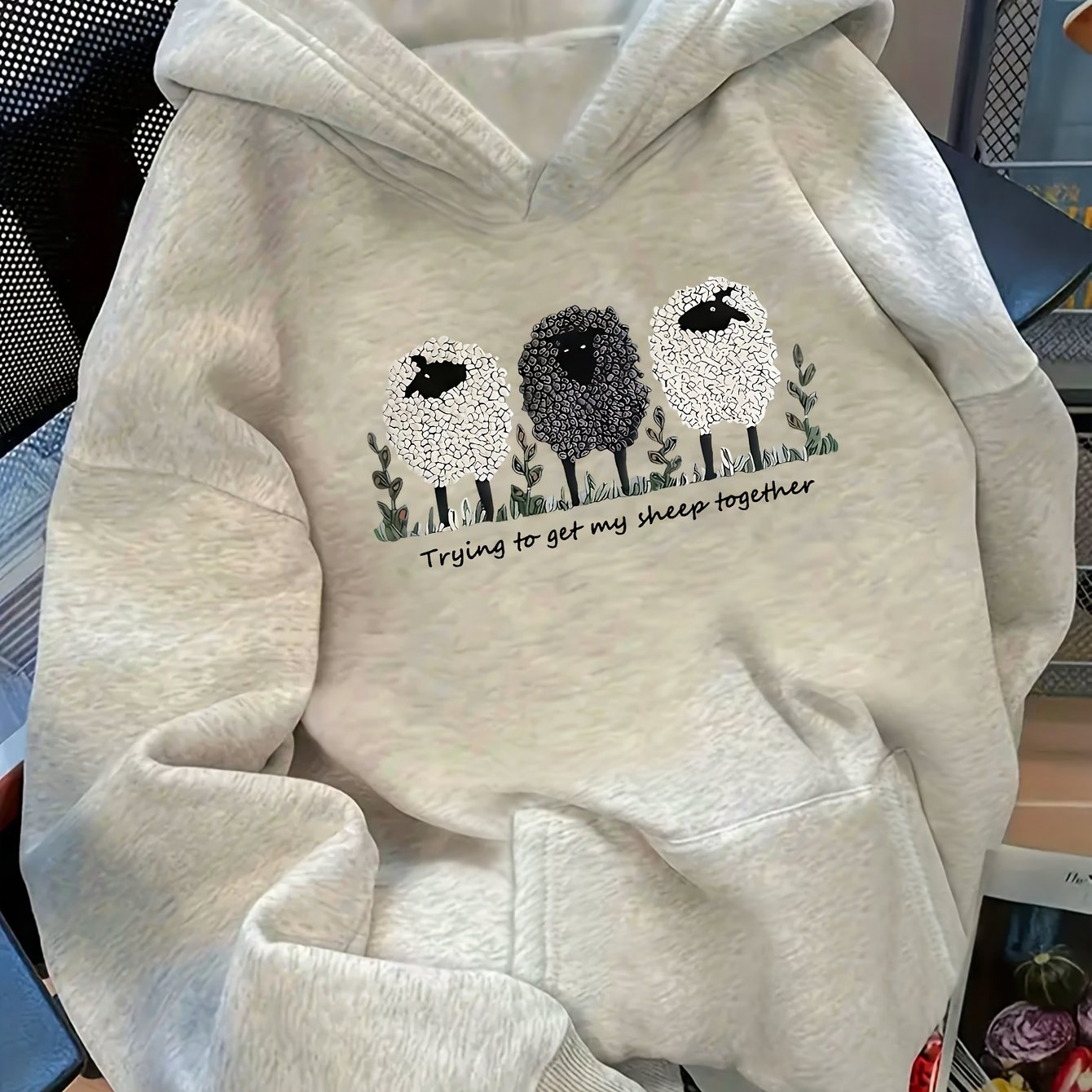 TEMU Women's Oversized Hooded Sweatshirt With Sheep & Grass Print - Cozy Sweeping Vibe Sweater, Loose Fit Casual Sweating Top, Machine Washable For