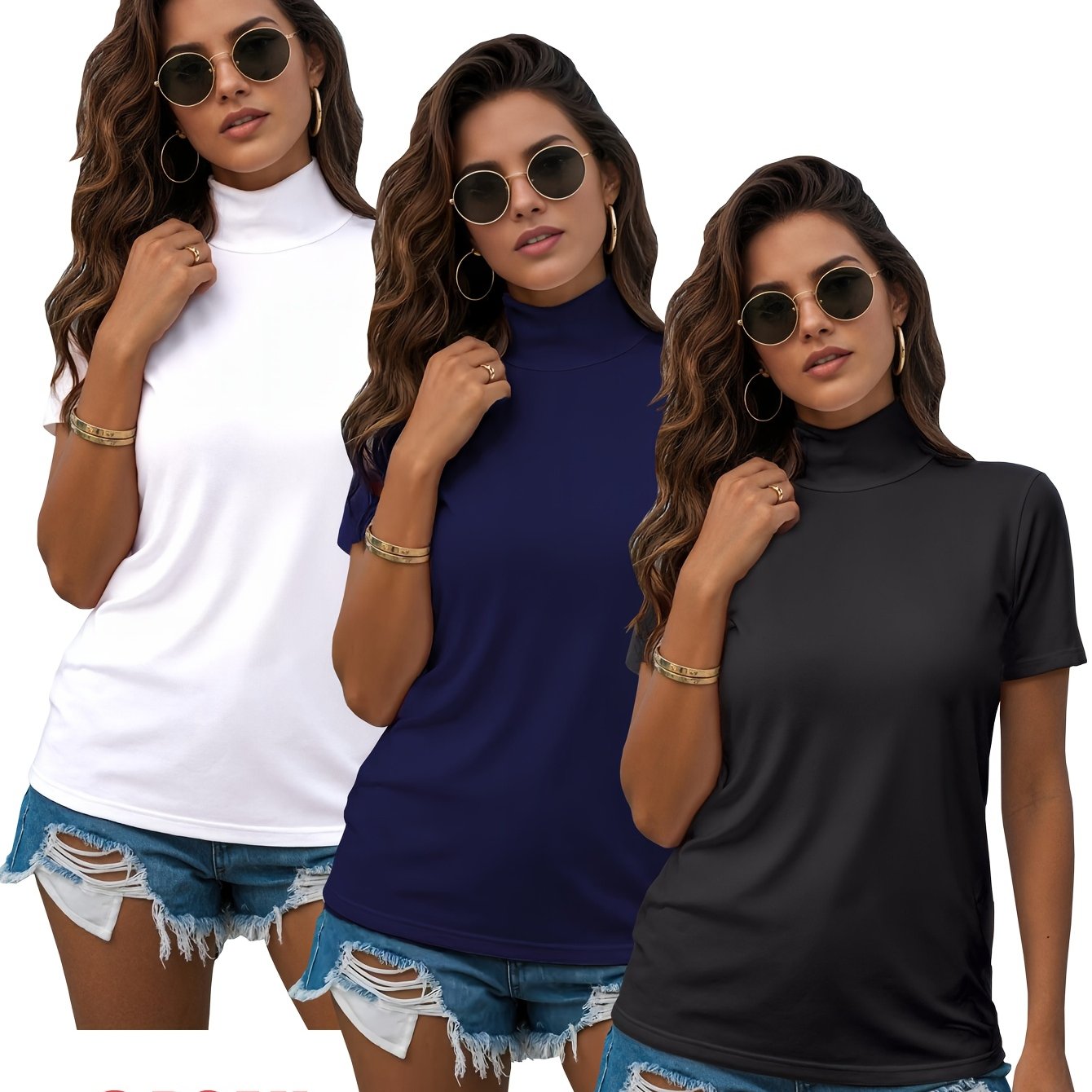 TEMU Plus Size - Plus Size - 3 Women's Soft And Stretchy Short-sleeve Turtleneck Tops, Versatile For Wearing Alone Or Layering As A T-shirt