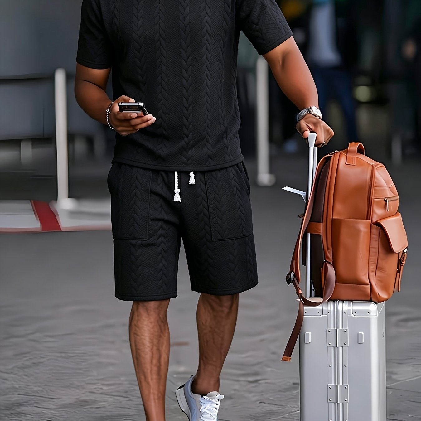 Men's Checkered Knit Jacquard Shirt and Comfortable Shorts Set