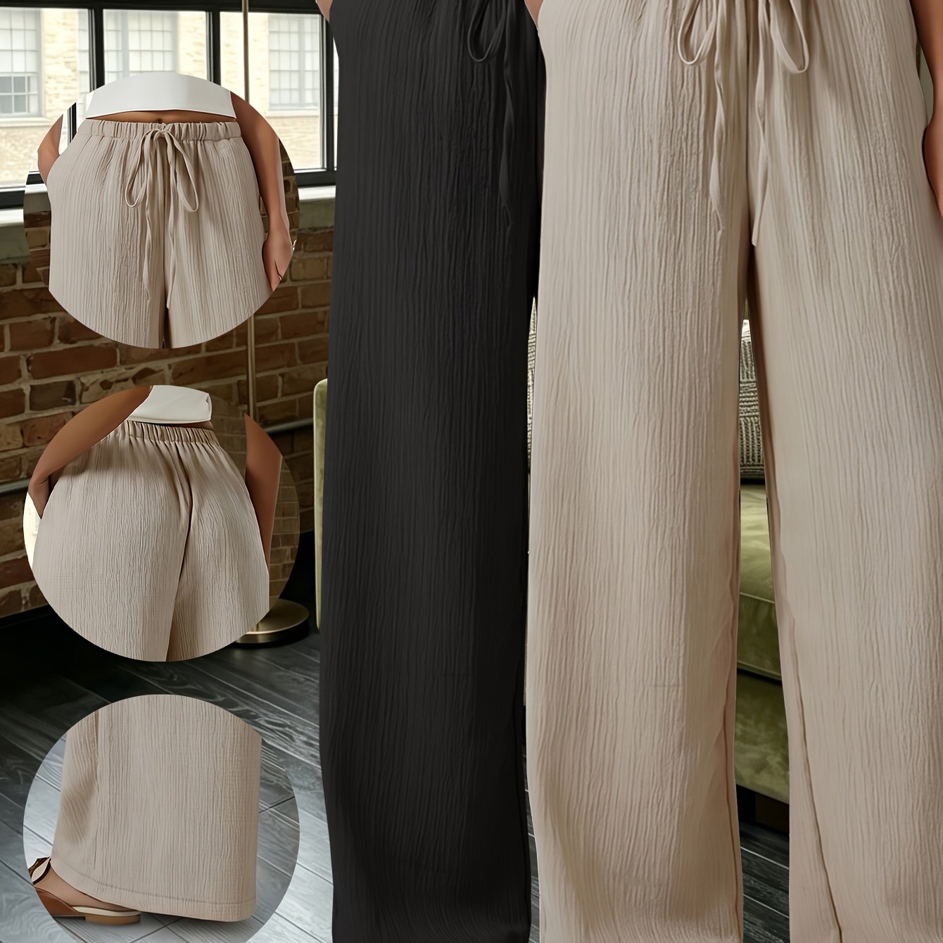 TEMU 2pcs Women's Elegant Wide-leg Pants - Non-sheer Long Trousers, Machine Washable Casual And Formal Women's Pants, Suitable For Office, Parties,