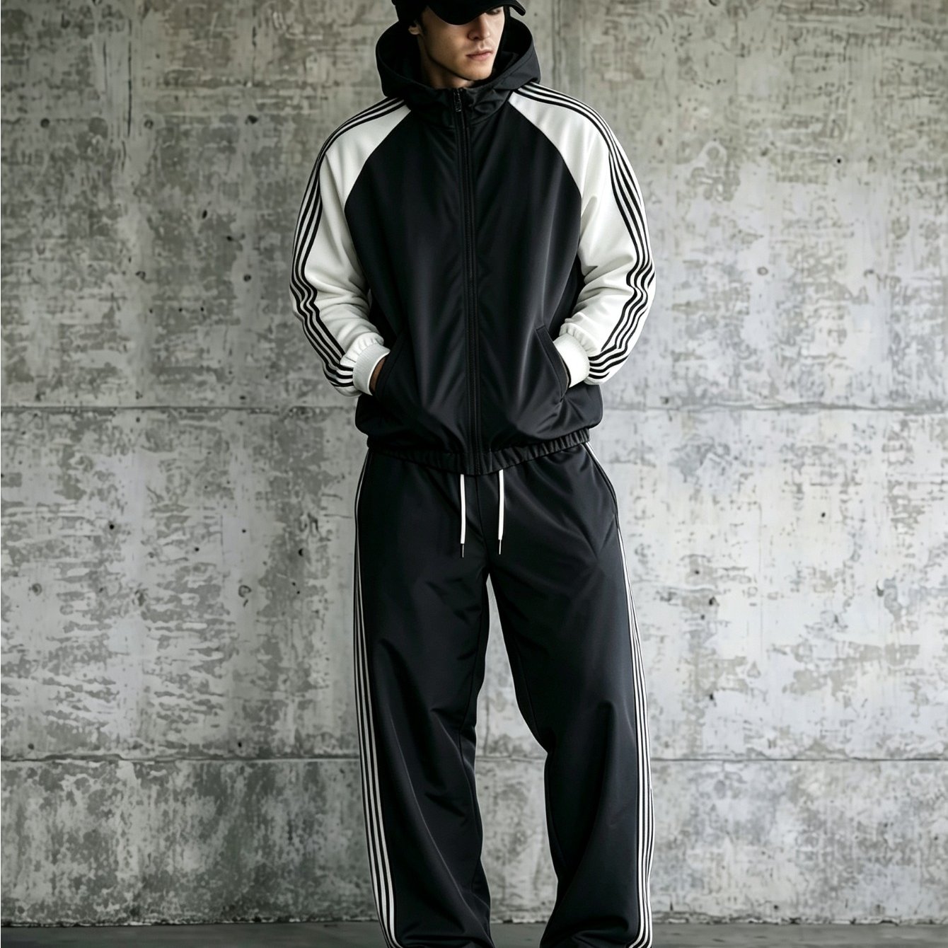 Image of Men's 2pcs Tracksuit Set Zip-up Hooded Raglan Jacket And Wide-leg Striped Sweatpants Casual Athletic Streetwear Sweatsuit Outfit
