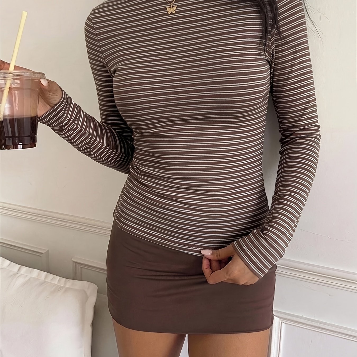 TEMU Casual, Simple, And Sexy Long-sleeve T-shirt, Suitable For Autumn And Winter Wear, Perfect For Autumn And Winter Outfit Coordination