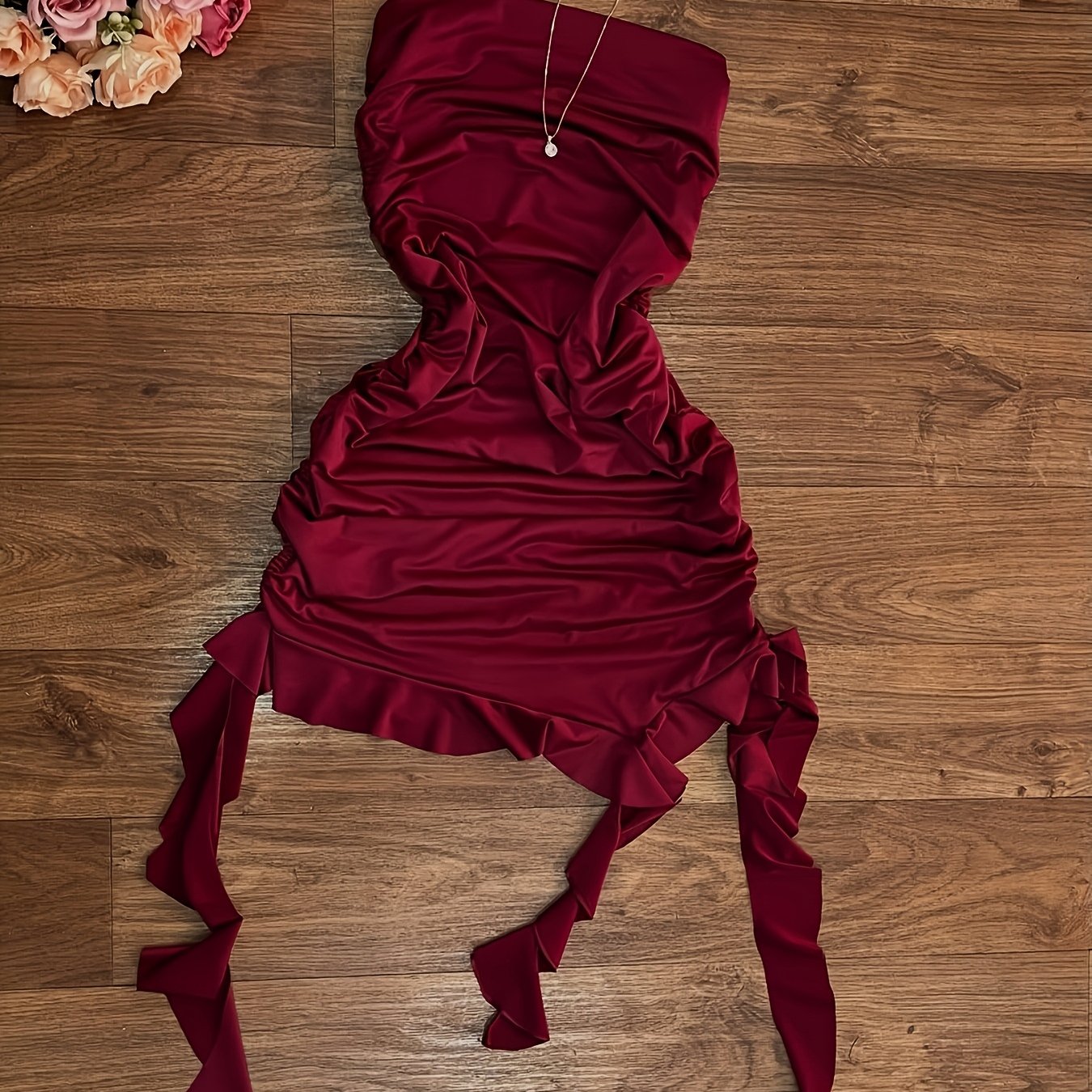 TEMU New Evening Party Banquet Annual Meeting Dress Sexy Elegant Strapless Dress Irregular Ribbon Short Dress