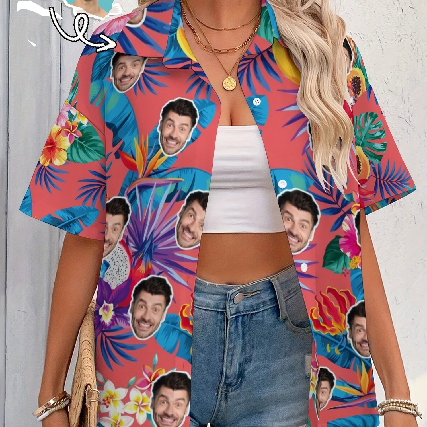 TEMU Chemise Hawaïenne Tingwen pour Femmes Personnalisée - Impression Photo sur Floraux Tropicaux & Géométriques, Chemise Décontractée à Boutons avec