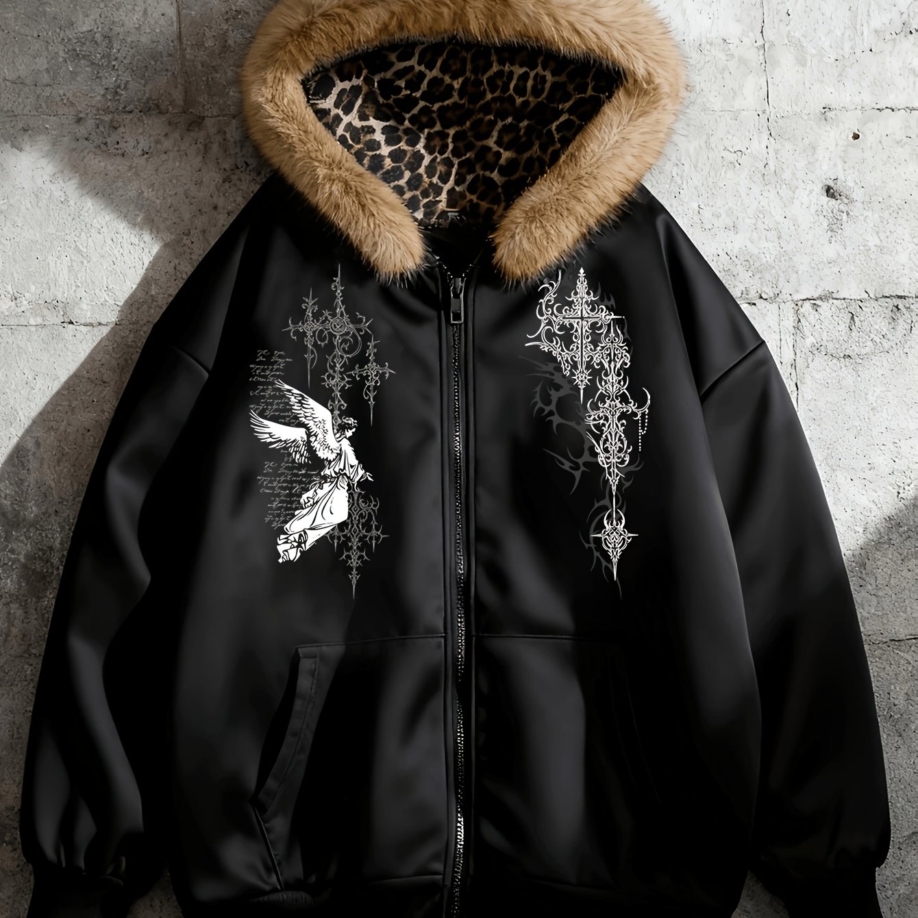 TEMU Women's Fashion Leopard Print Collar Zip-up Hooded Jacket, Featuring A Wild Design With Leopard Print Trim And A Dark Cross Pattern Double-sided