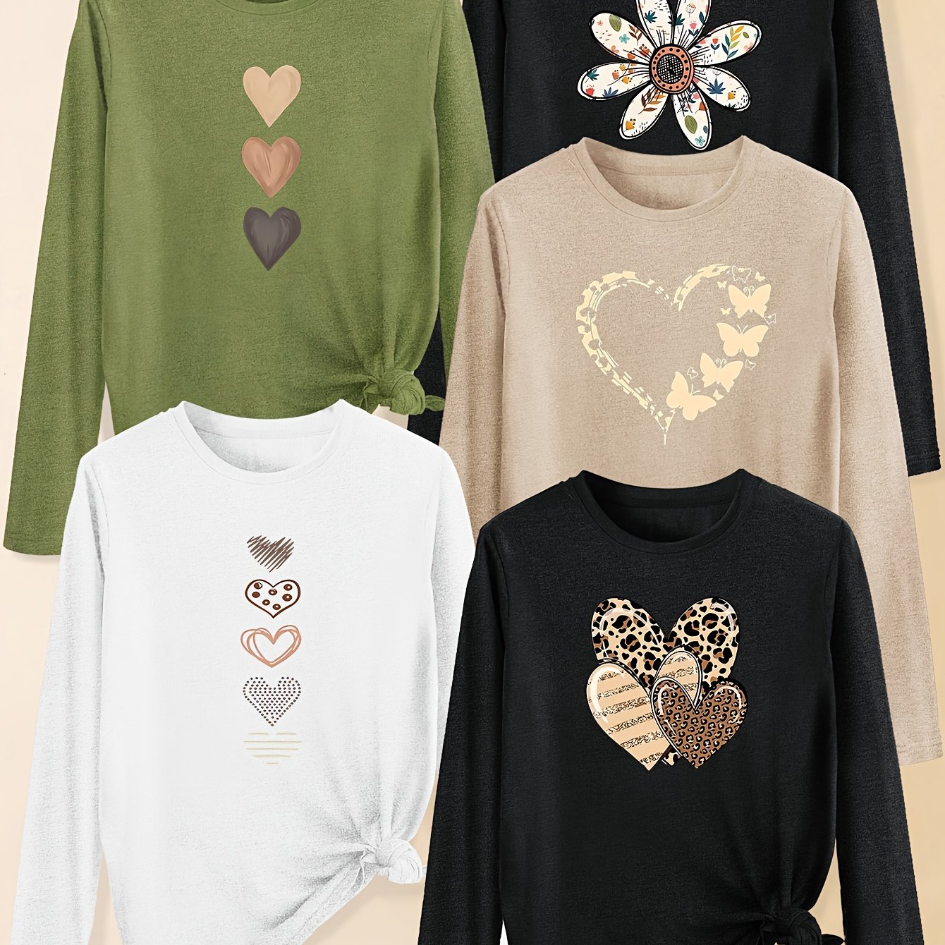 TEMU Set Of 5 Matching Outfits For Sisters, Featuring A Geometric Heart Cut-out Leopard Print Design With A Floral Round Neck Long Sleeve T-shirt In