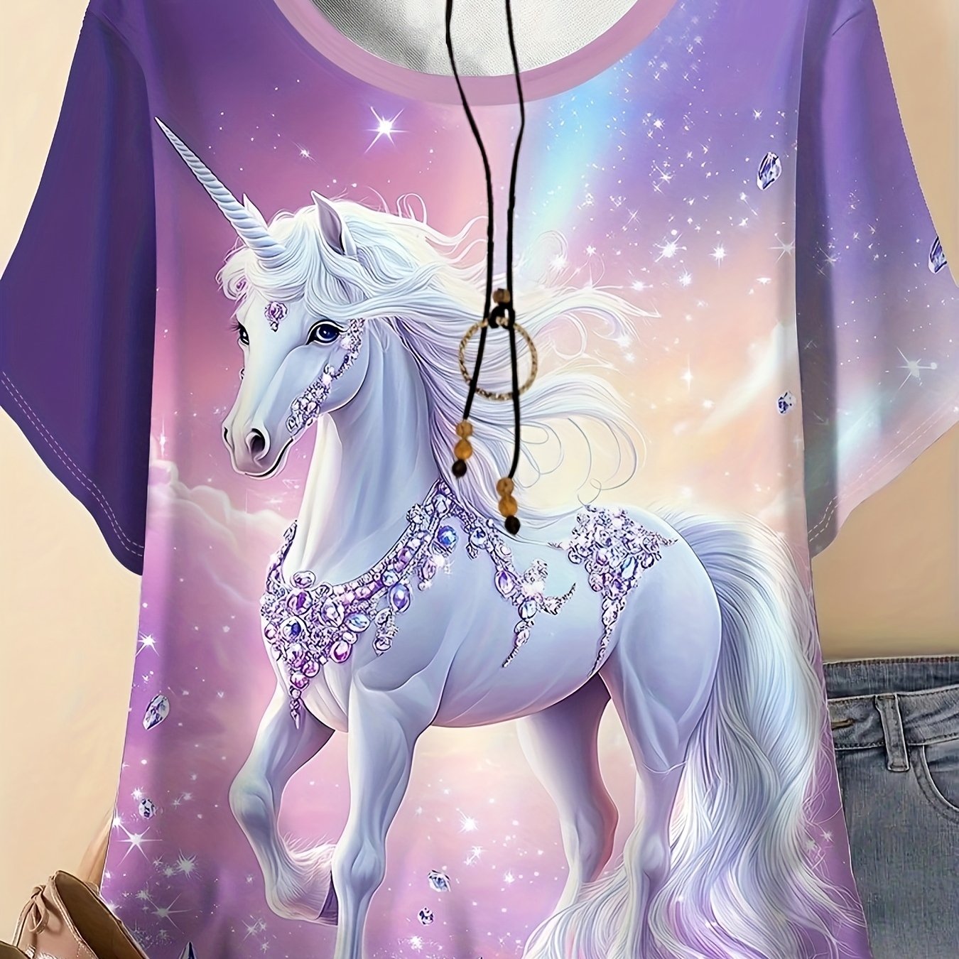 TEMU Plus Size, Women's Casual Round Neck T-shirt With Unicorn Print, 95% Polyester, 5% Spandex Fabric, Fashionable T-shirt Suitable For