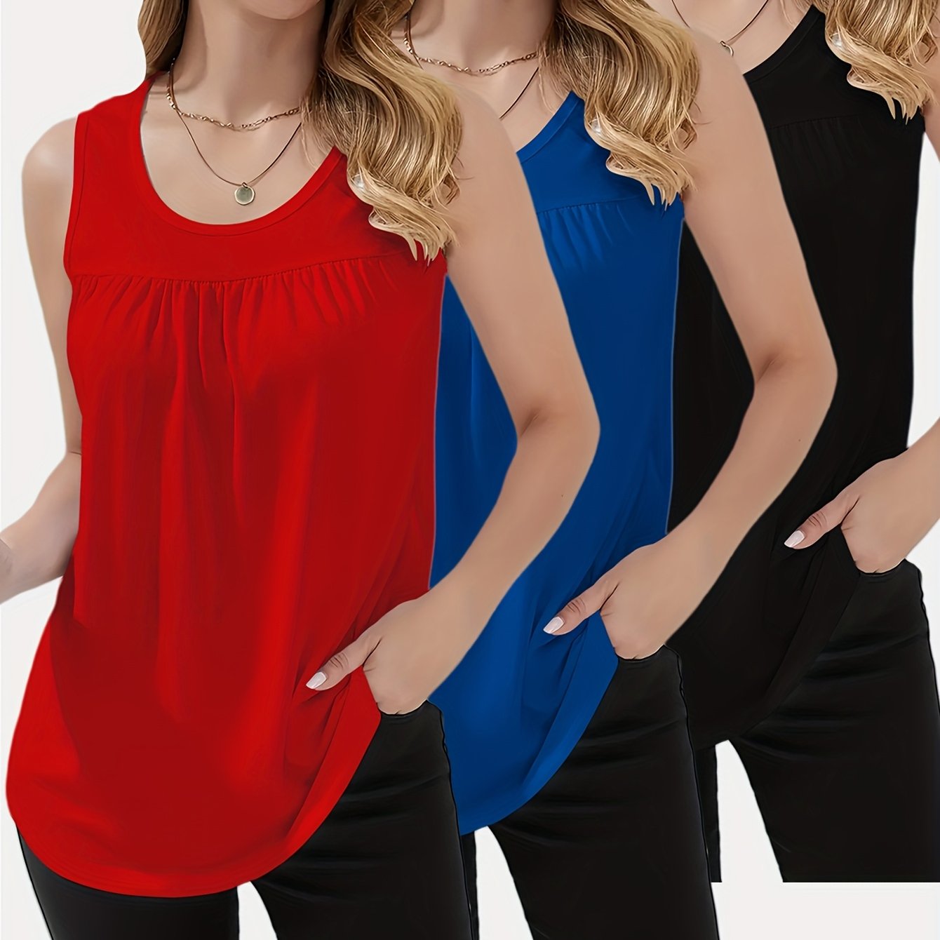 TEMU 3pcs Set European And Loose Round Neck Pleated Solid Color Sleeveless Vest Casual Versatile Daily Outing Dating To Handle