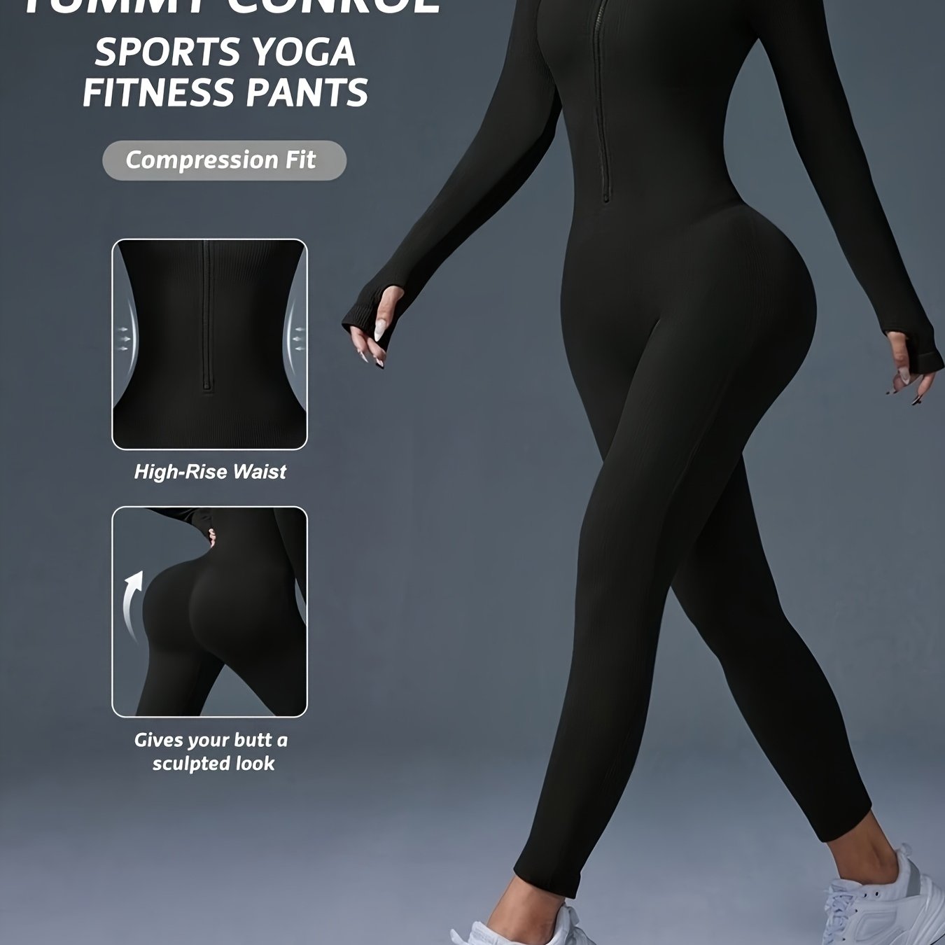 TEMU Women Plain Front Zipper Long Sleeve Slim Fit Swear Jumpsuit