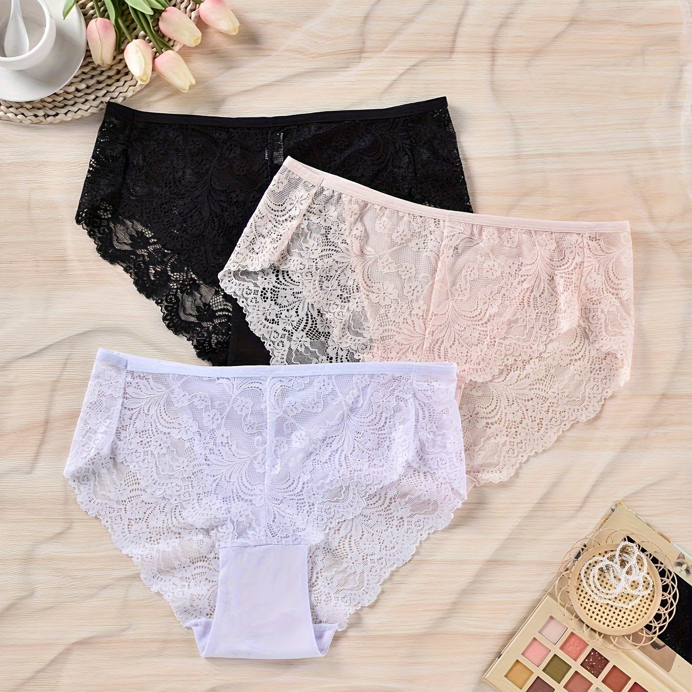 3 Pack Plus Size Elegant Underwear Set, Women's Plus Plain Stripe Contrast  Lace Underwear Three Piece Set