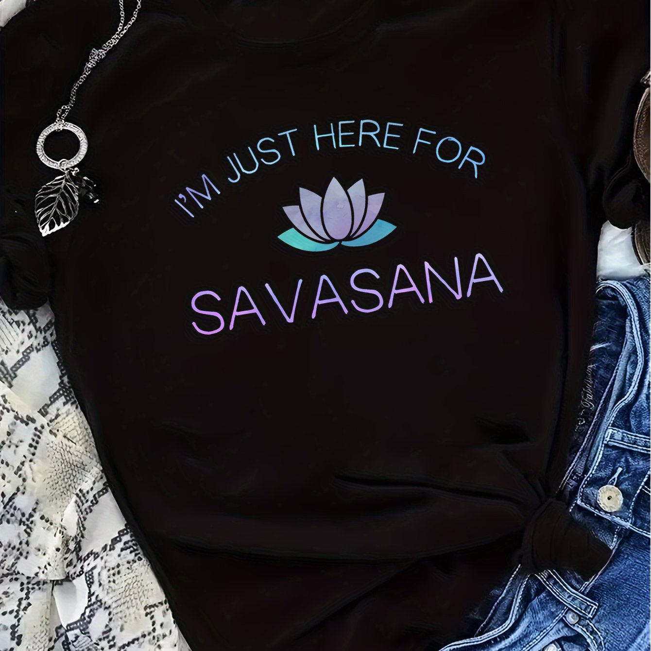 TEMU I Am Just Here For Savasana Print Crew Neck T-shirt, Casual Short Sleeve Loose T-tshirt, Women's Clothing